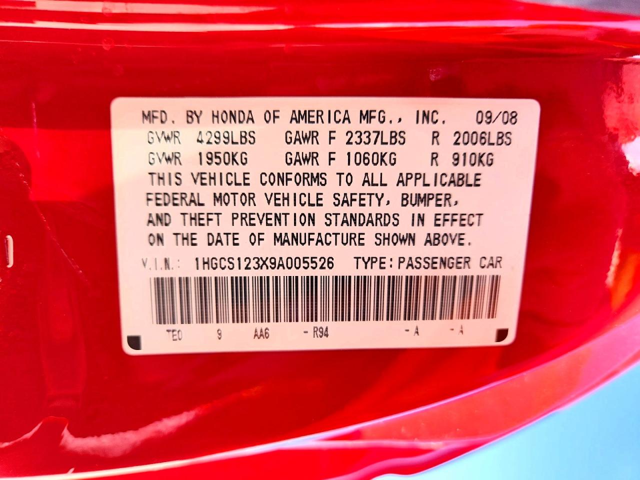 2009 Honda Accord Lx Red vin: 1HGCS123X9A005526