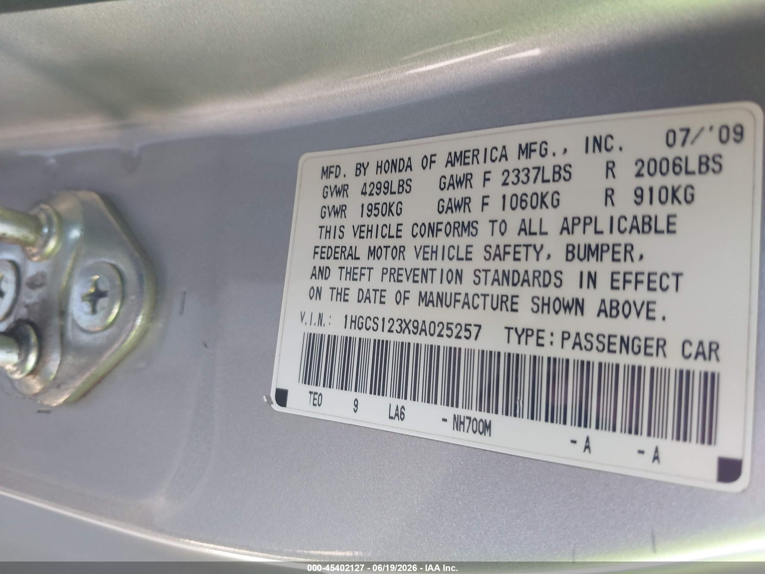 2009 Honda Accord 2.4 Lx-s Silver vin: 1HGCS123X9A025257