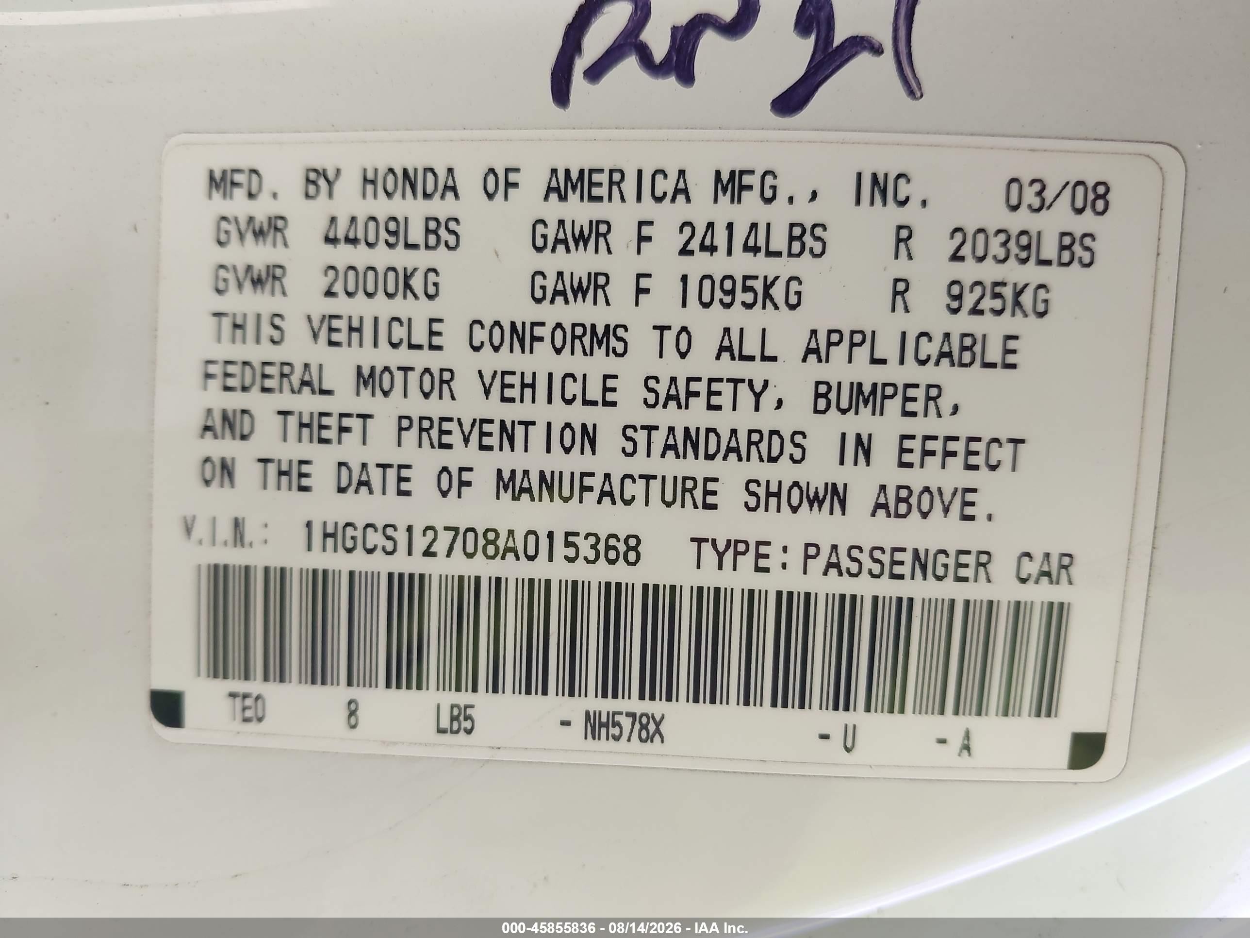 2008 Honda Accord 2.4 Ex White vin: 1HGCS12708A015368