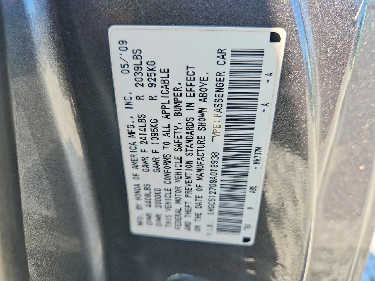 2009 Honda Accord Ex Gray vin: 1HGCS12709A019938