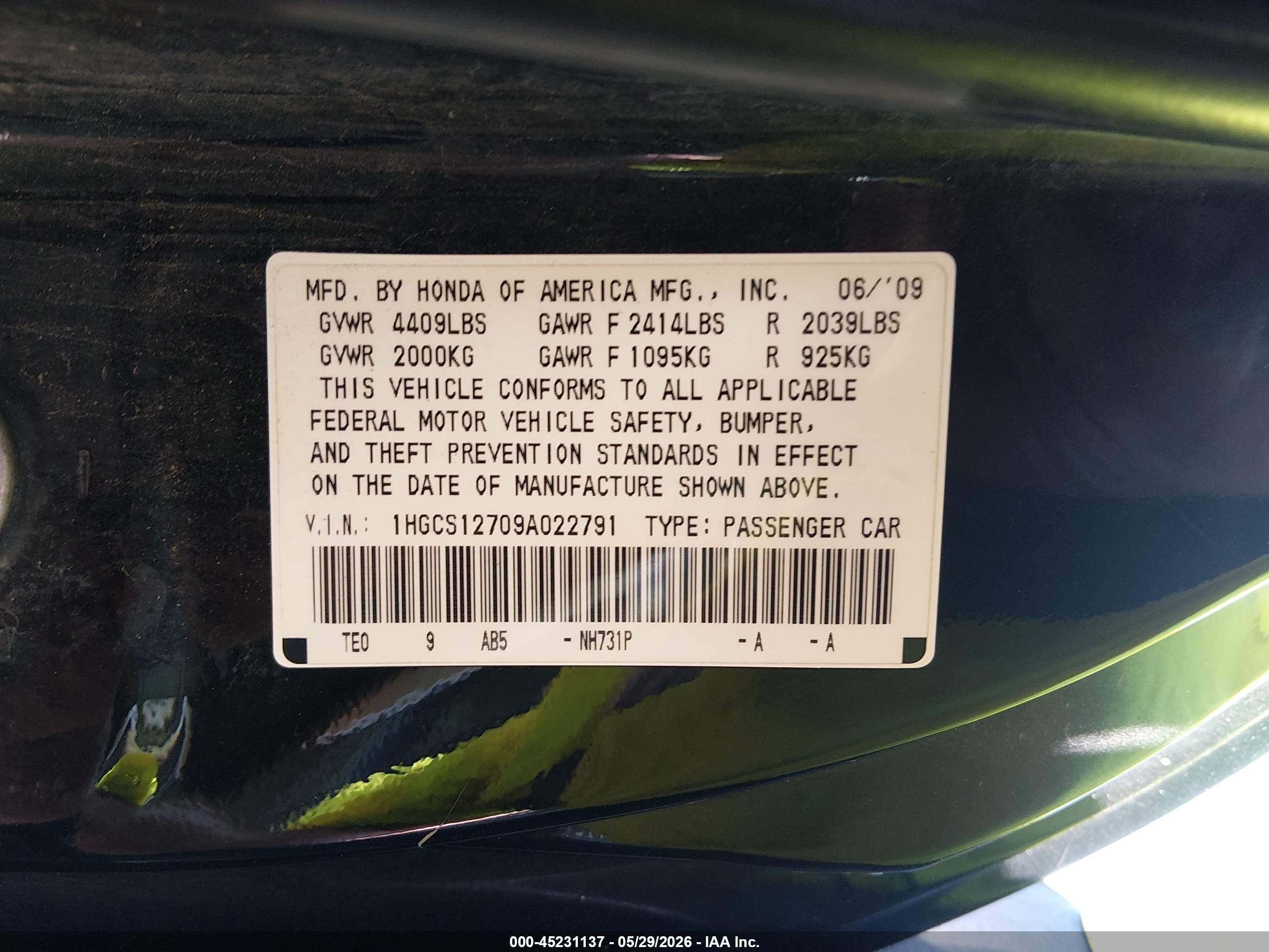 2009 Honda Accord 2.4 Ex Black vin: 1HGCS12709A022791