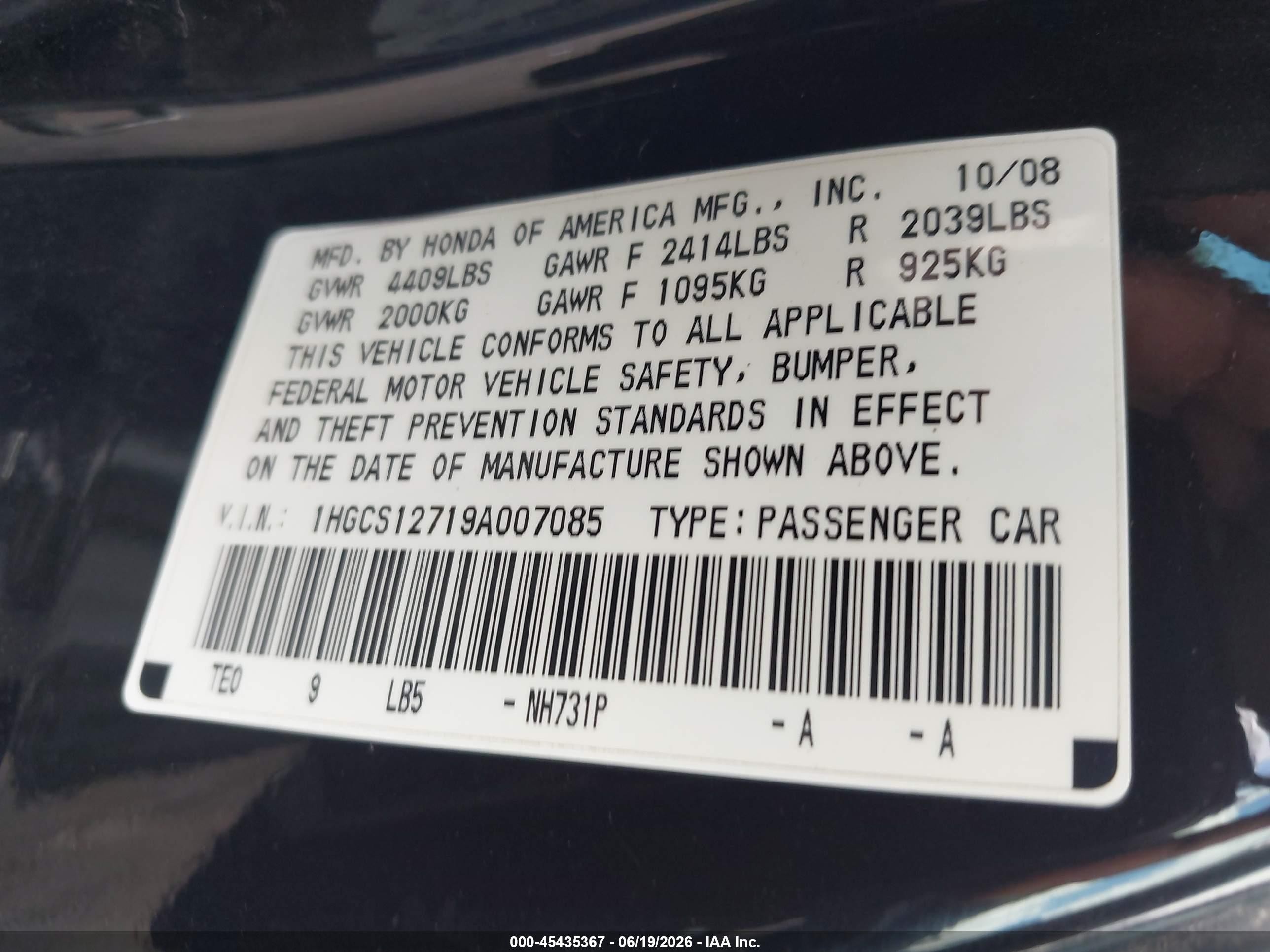 2009 Honda Accord Ex Black vin: 1HGCS12719A007085