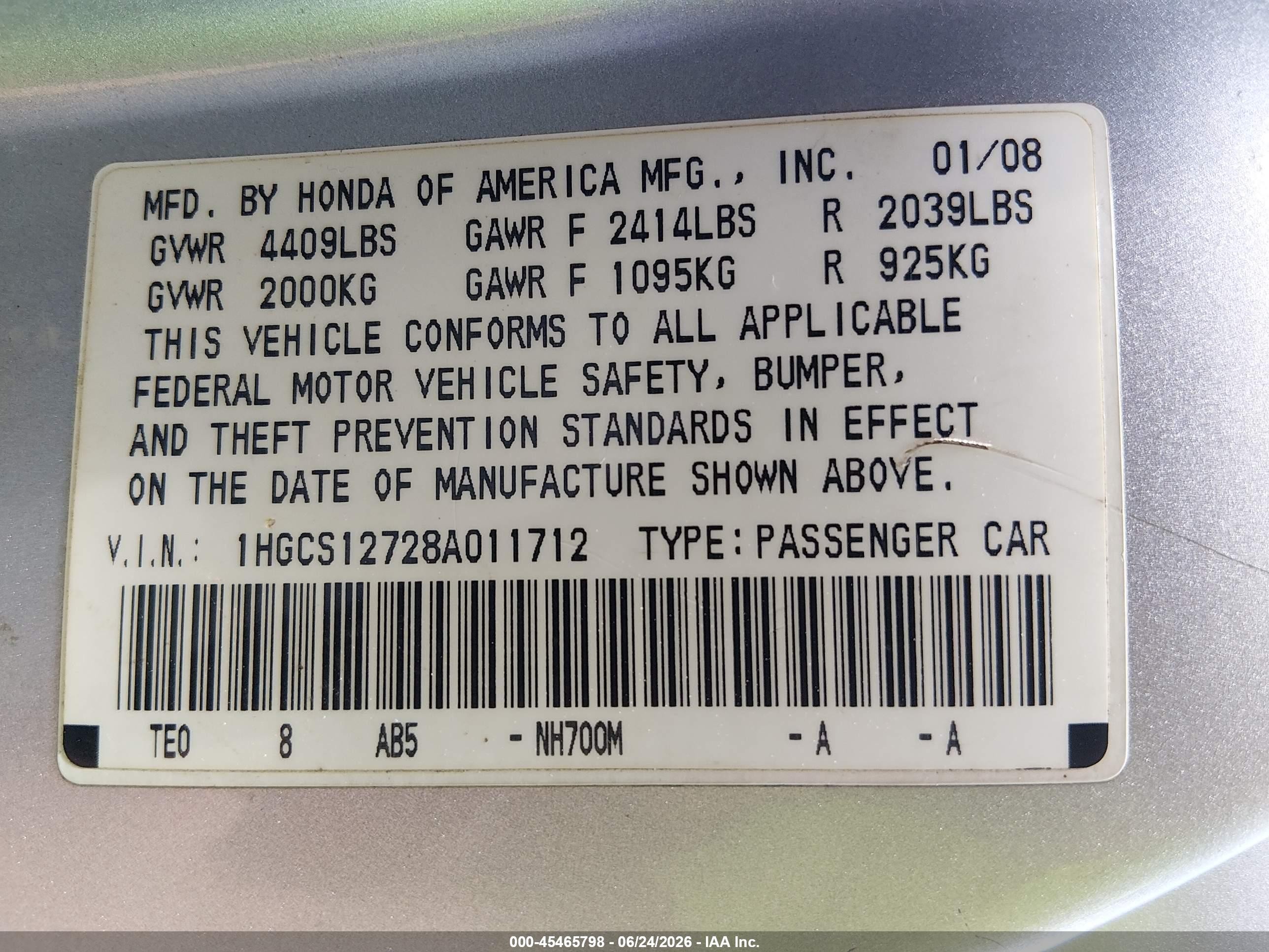 2008 Honda Accord 2.4 Ex Silver vin: 1HGCS12728A011712