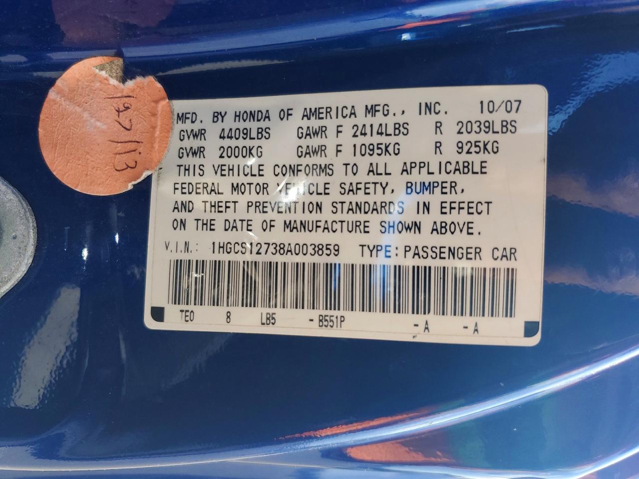 2008 Honda Accord Ex Blue vin: 1HGCS12738A003859