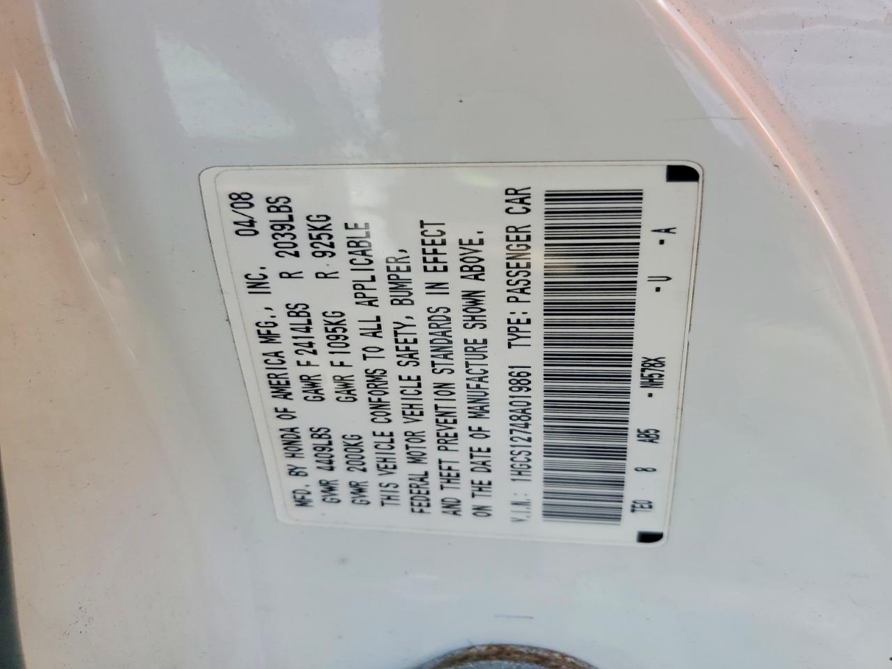 2008 Honda Accord Ex White vin: 1HGCS12748A019861
