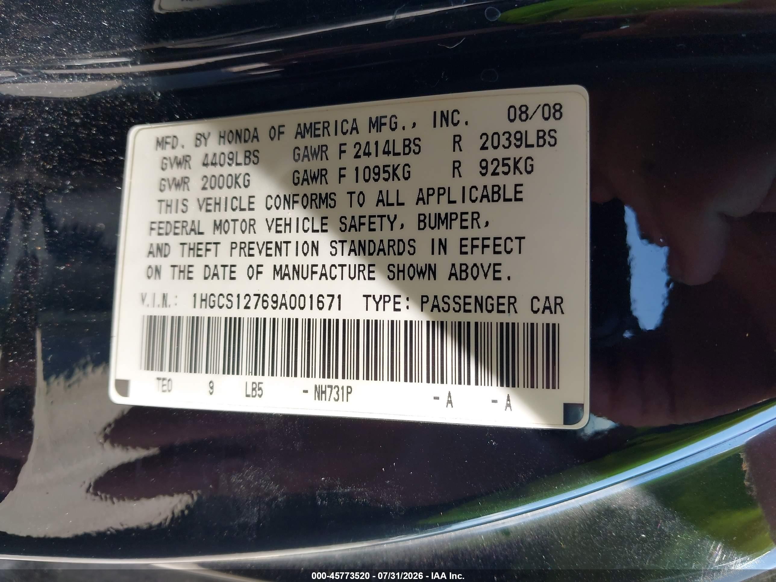 2009 Honda Accord 2.4 Ex Черный vin: 1HGCS12769A001671