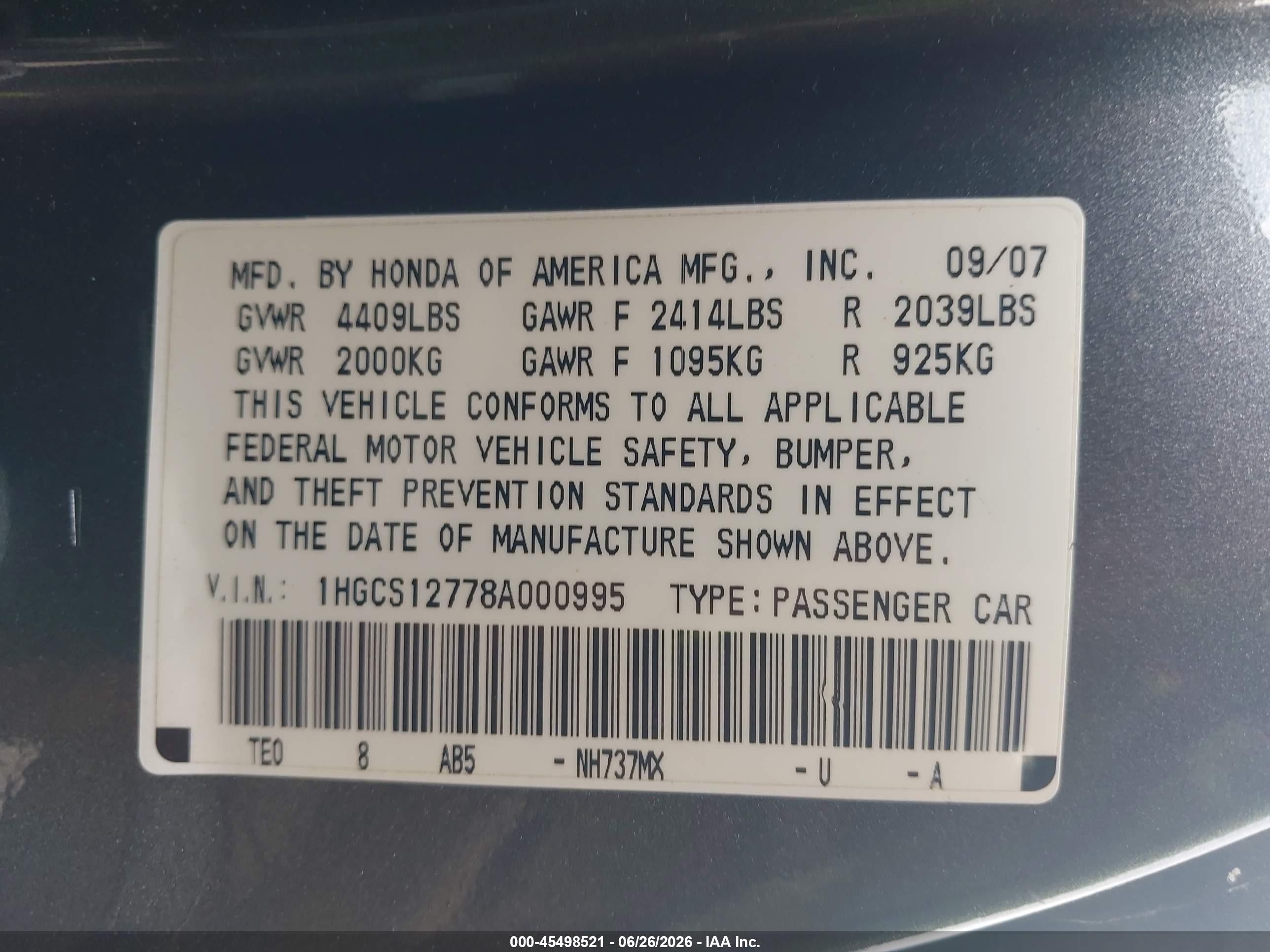 2008 Honda Accord 2.4 Ex Gray vin: 1HGCS12778A000995