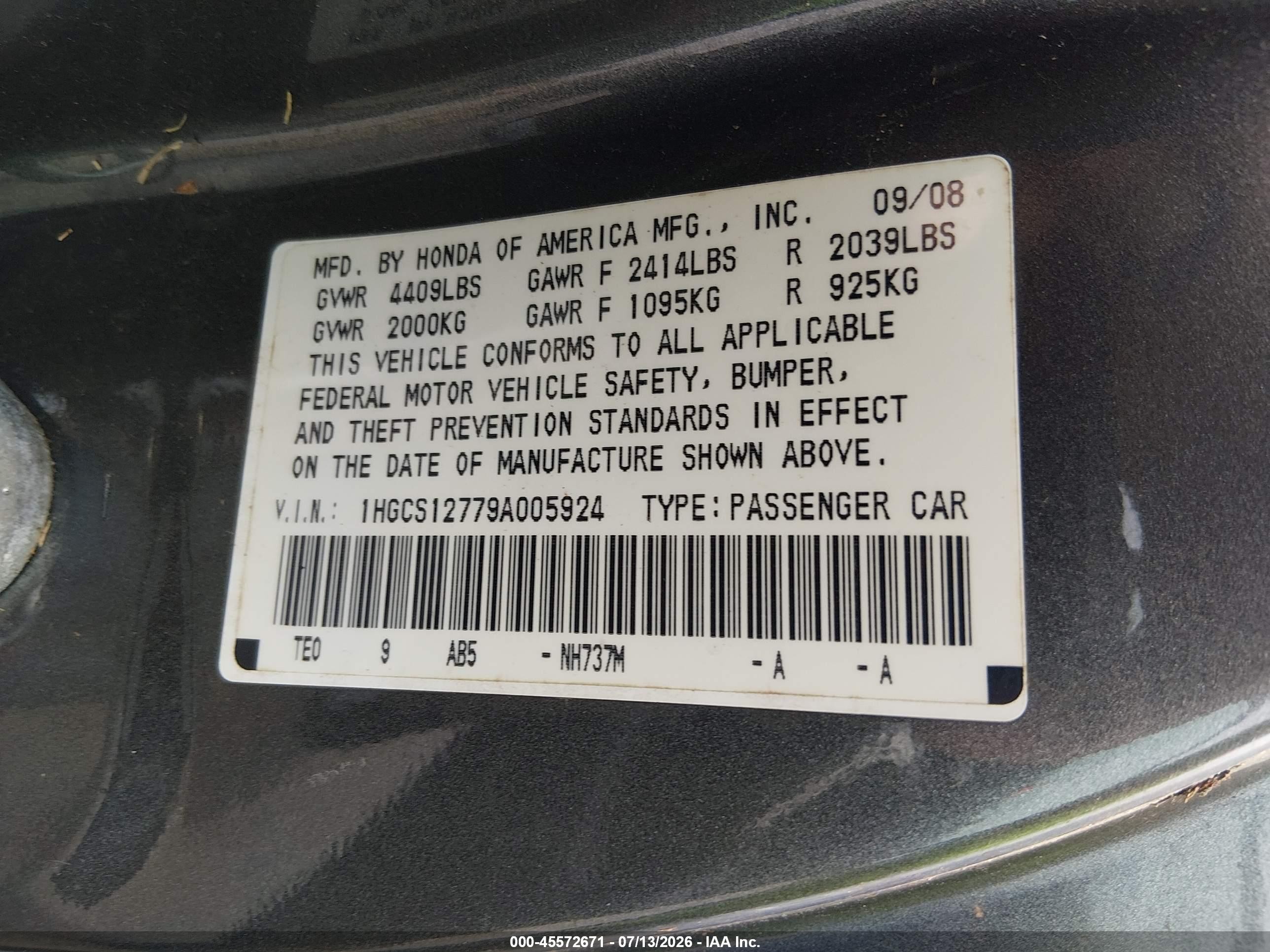 2009 Honda Accord 2.4 Ex Gray vin: 1HGCS12779A005924