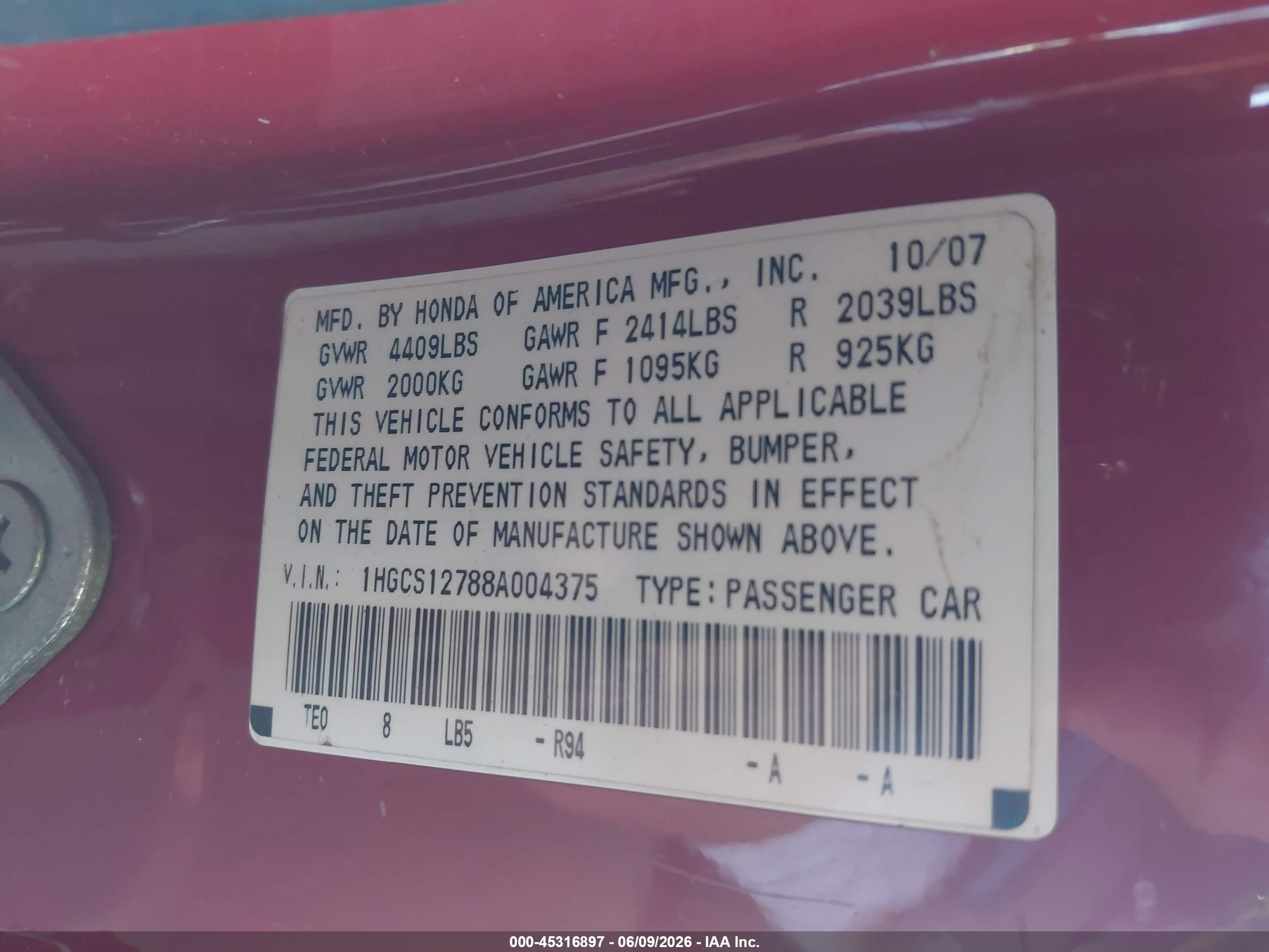 2008 Honda Accord 2.4 Ex Red vin: 1HGCS12788A004375