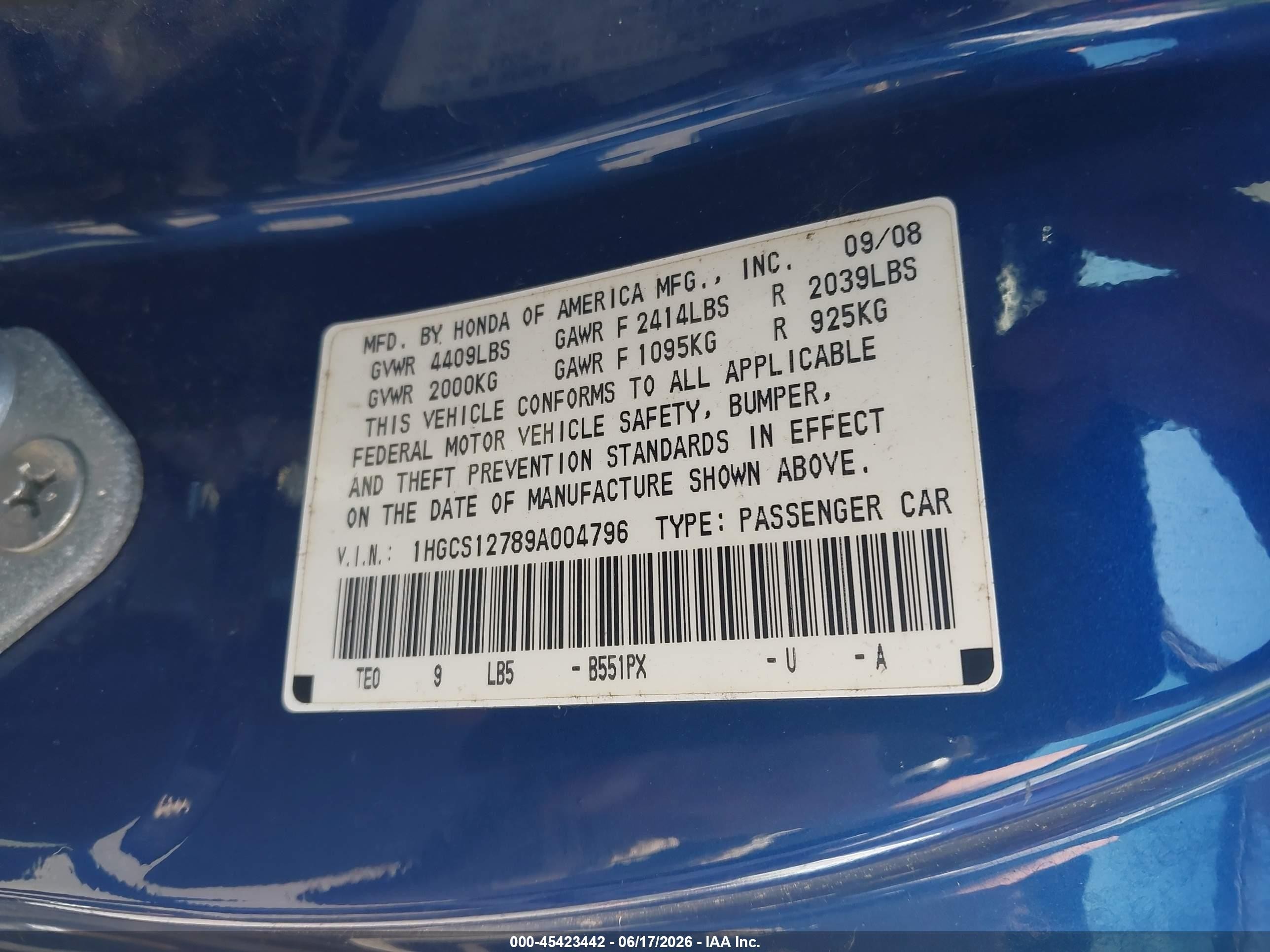 2009 Honda Accord 2.4 Ex Blue vin: 1HGCS12789A004796