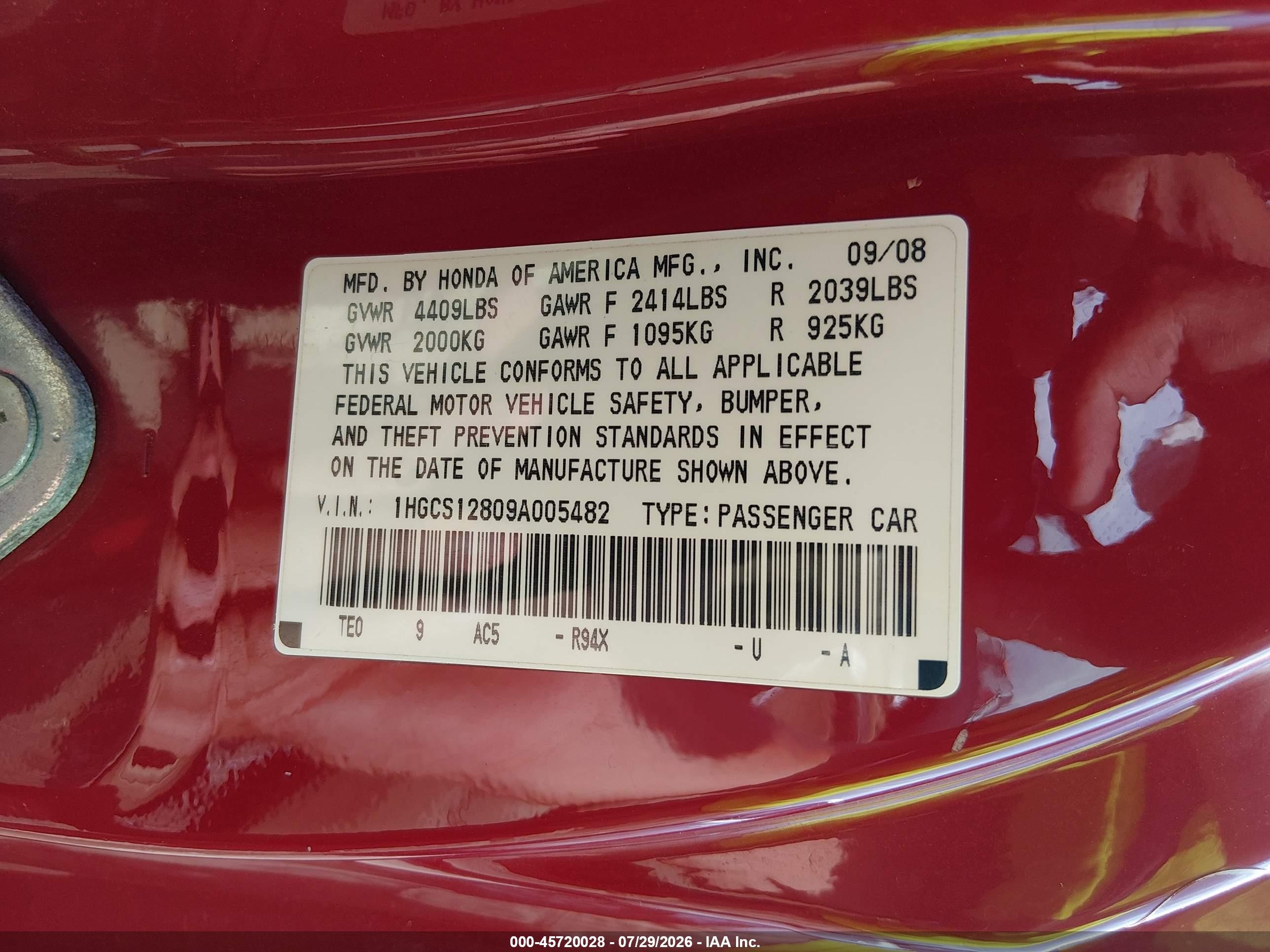 2009 Honda Accord 2.4 Ex-l Red vin: 1HGCS12809A005482