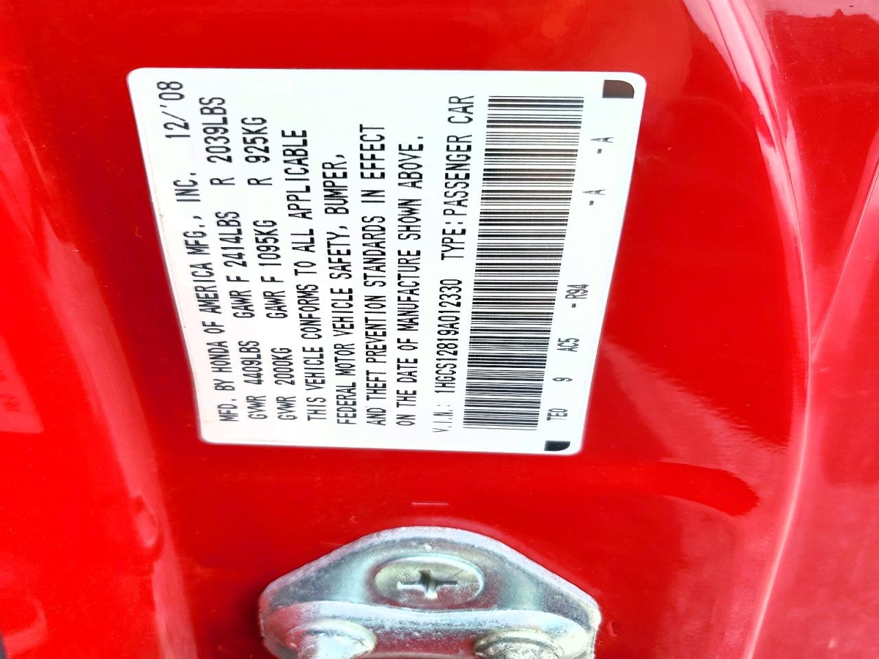 2009 Honda Accord Exl Red vin: 1HGCS12819A012330