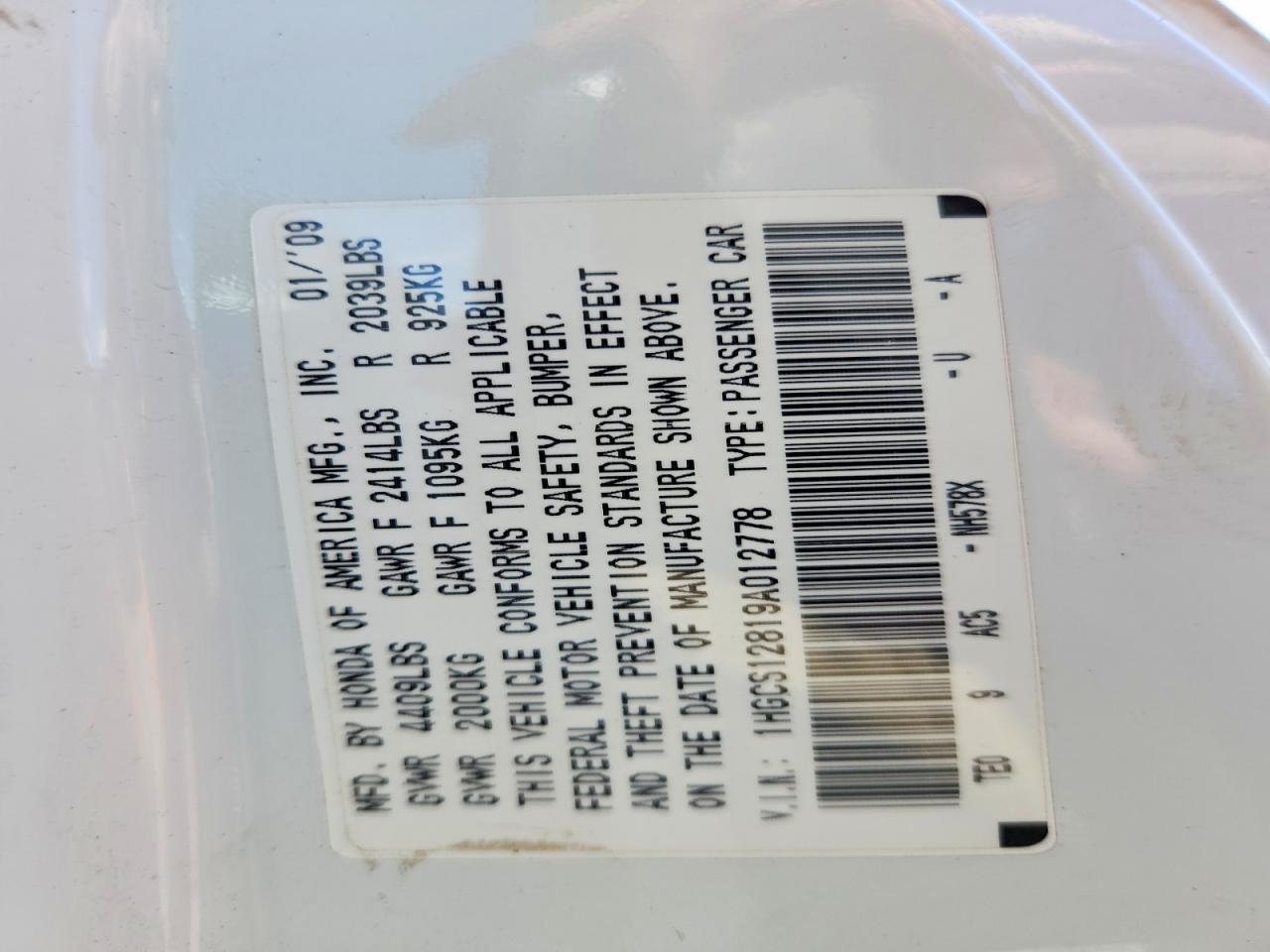 2009 Honda Accord Exl White vin: 1HGCS12819A012778