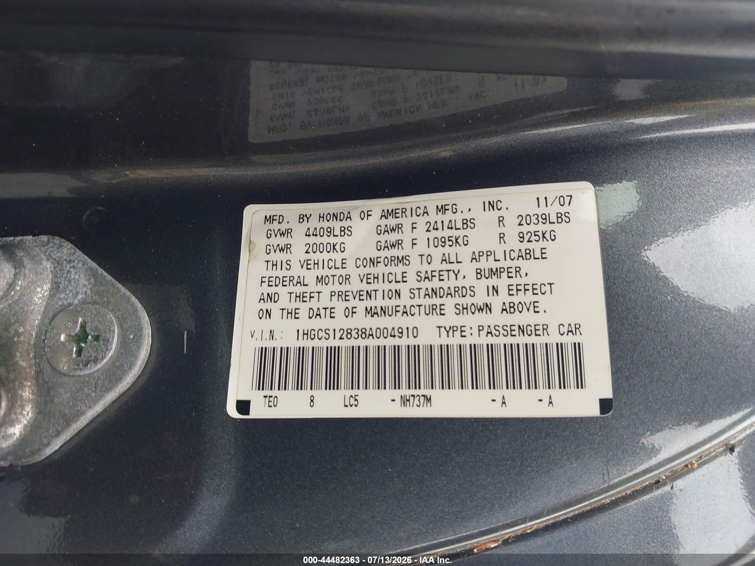 2008 Honda Accord 2.4 Ex-l Gray vin: 1HGCS12838A004910