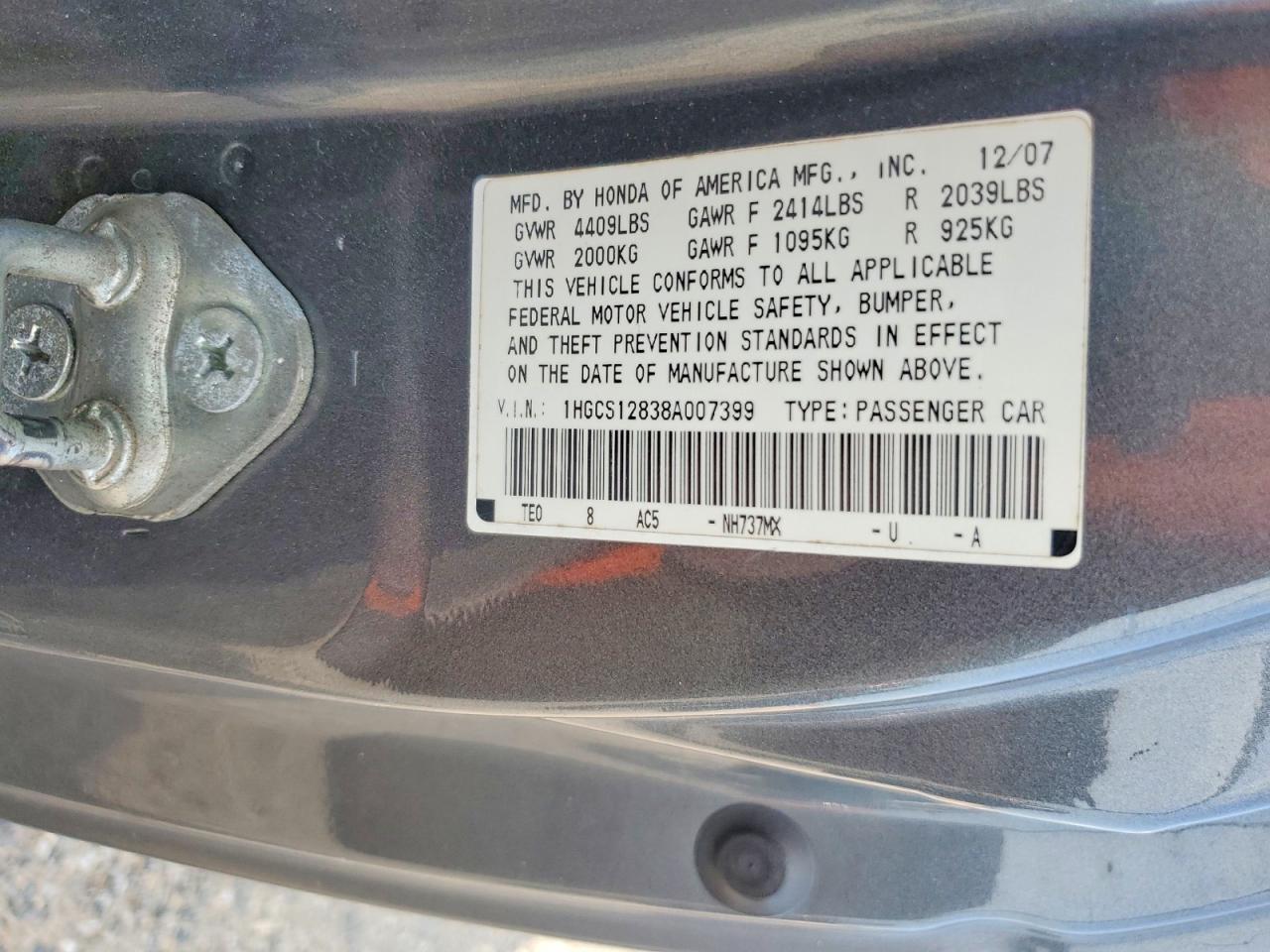 2008 Honda Accord Exl Gray vin: 1HGCS12838A007399