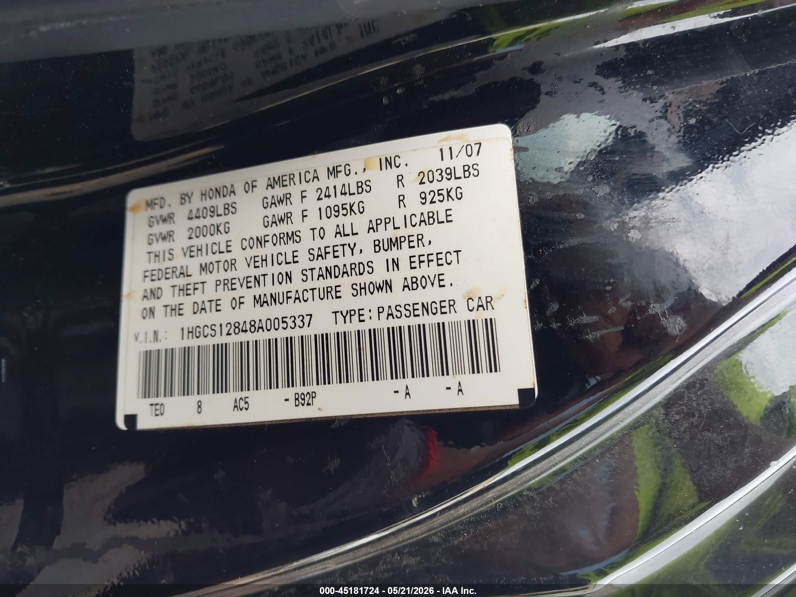 2008 Honda Accord 2.4 Ex-l Black vin: 1HGCS12848A005337