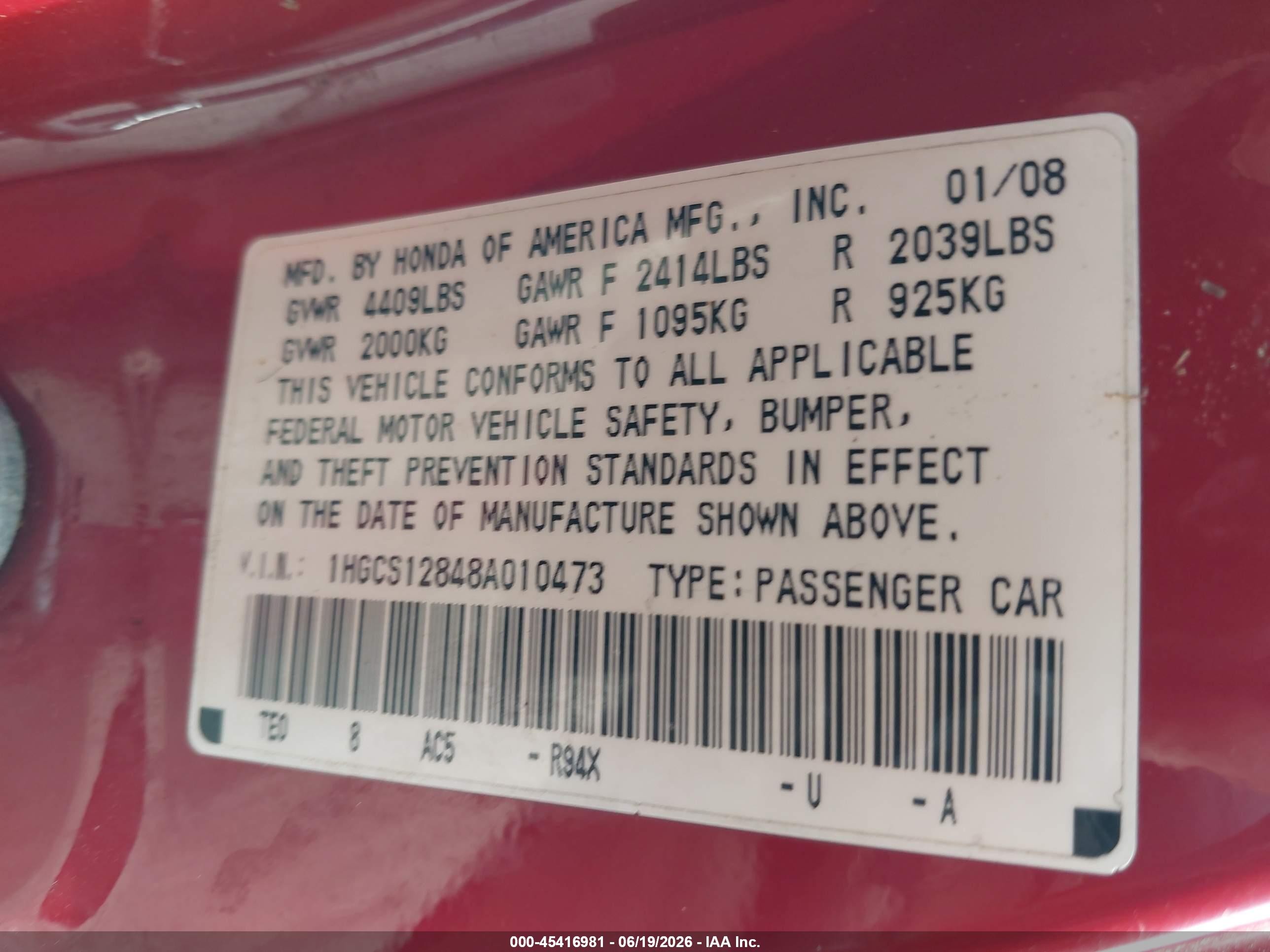 2008 Honda Accord 2.4 Ex-l Red vin: 1HGCS12848A010473