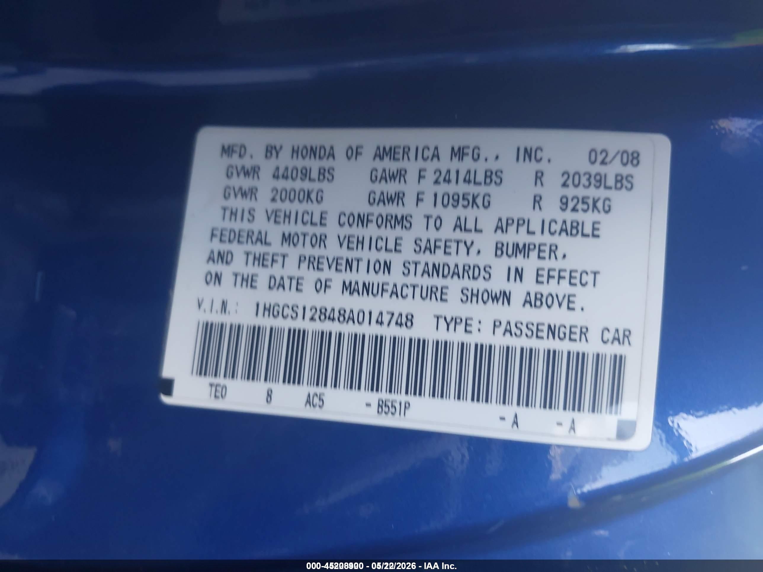 2008 Honda Accord 2.4 Ex-l Blue vin: 1HGCS12848A014748