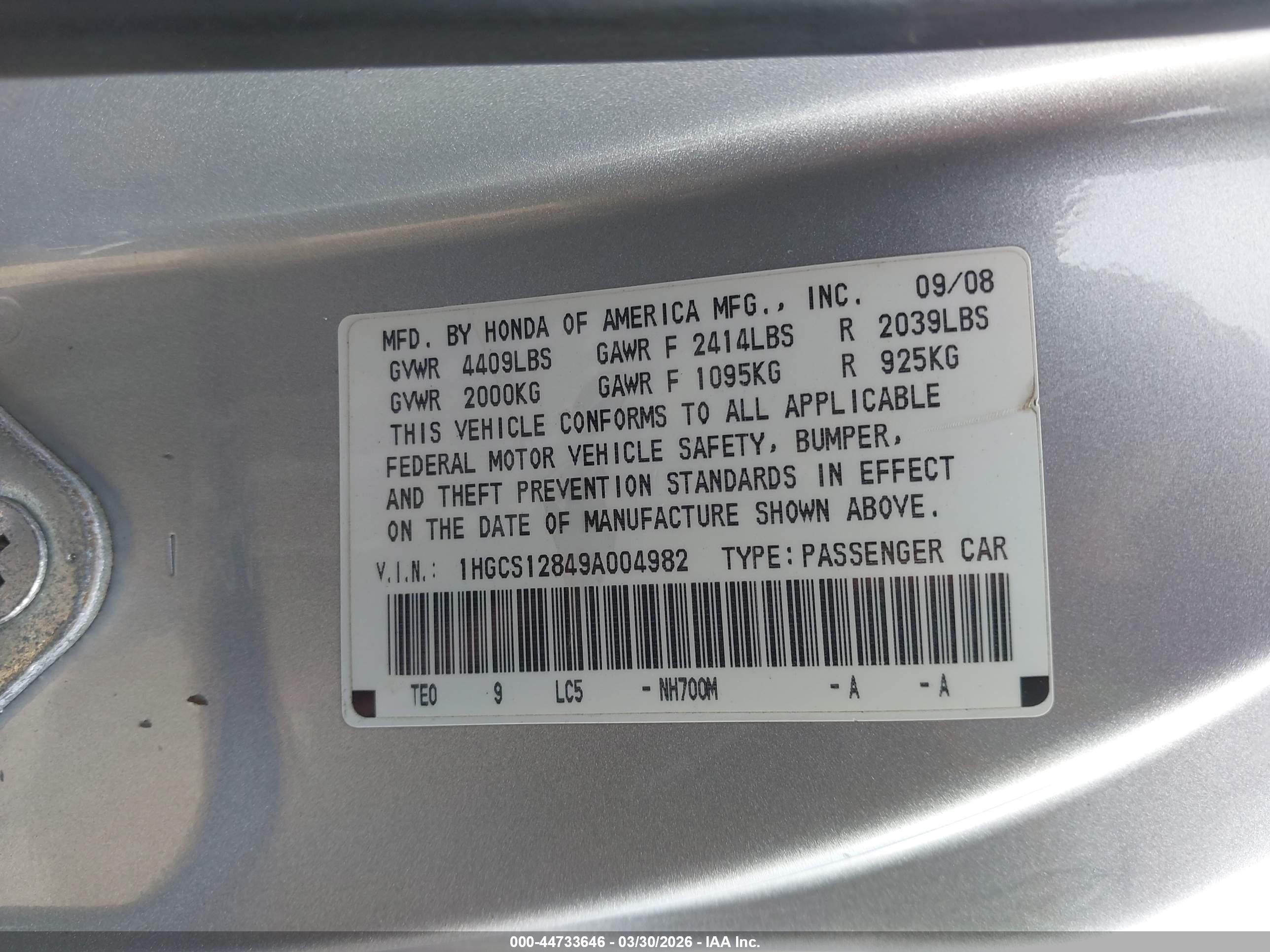 2009 Honda Accord 2.4 Ex-l Silver vin: 1HGCS12849A004982