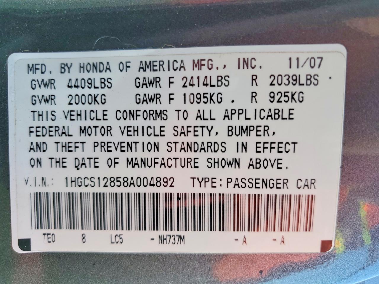 2008 Honda Accord Exl Gray vin: 1HGCS12858A004892