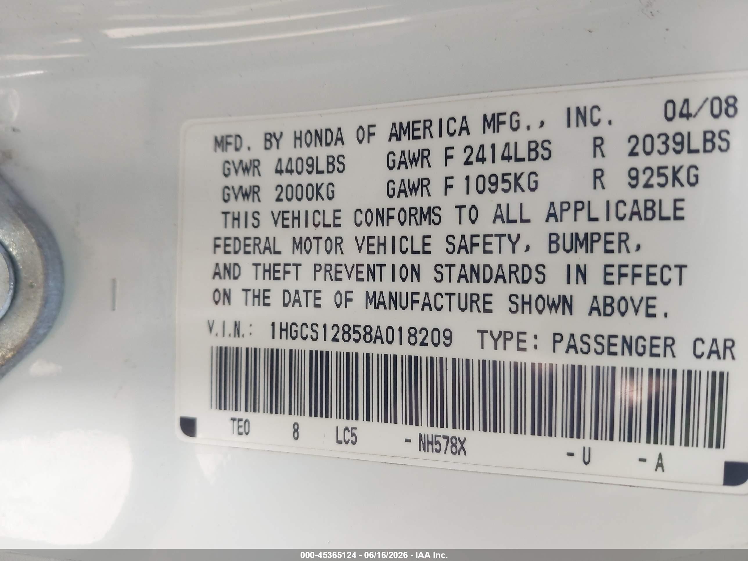 2008 Honda Accord 2.4 Ex-l White vin: 1HGCS12858A018209