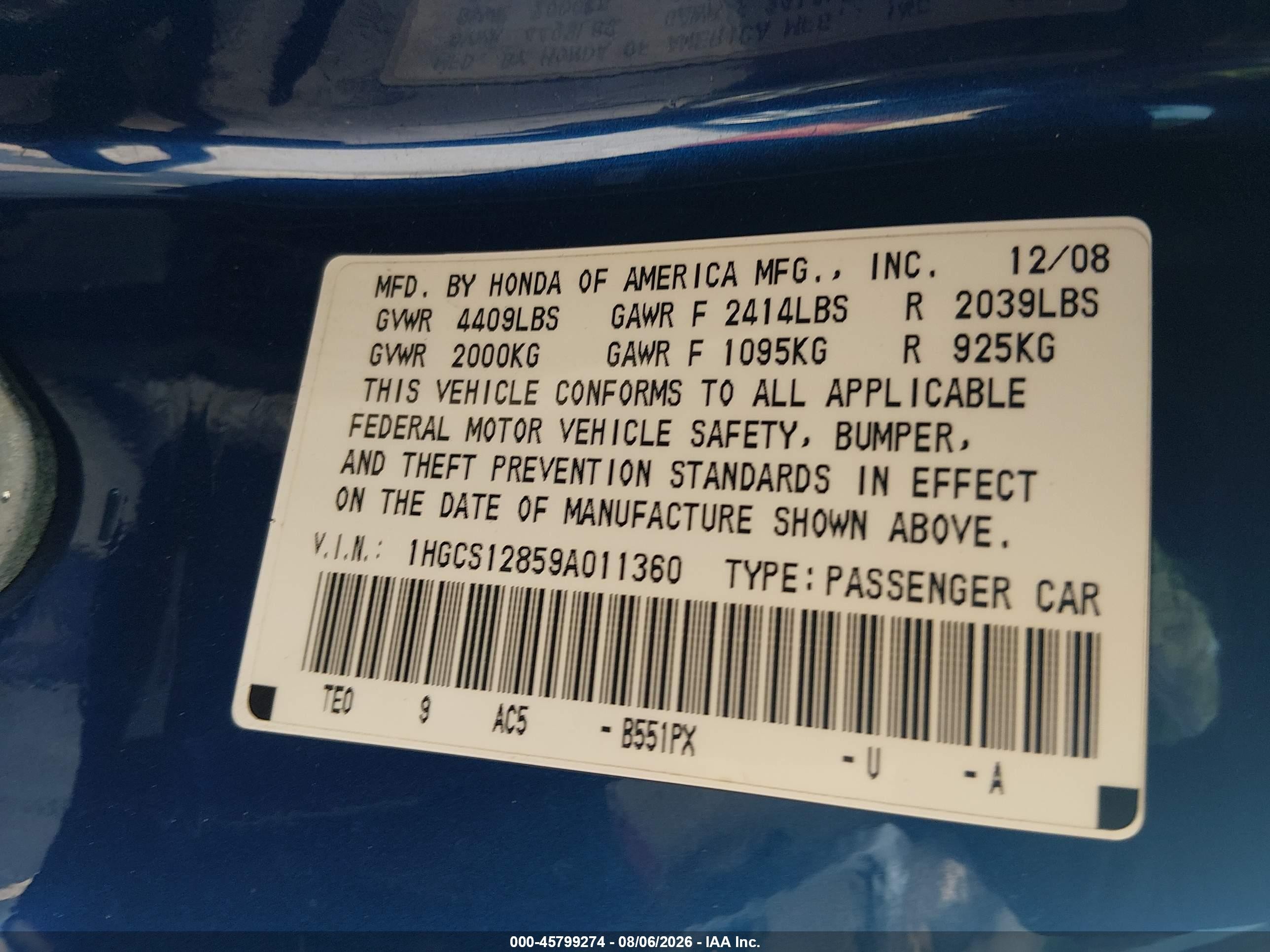 2009 Honda Accord 2.4 Ex-l Синий vin: 1HGCS12859A011360