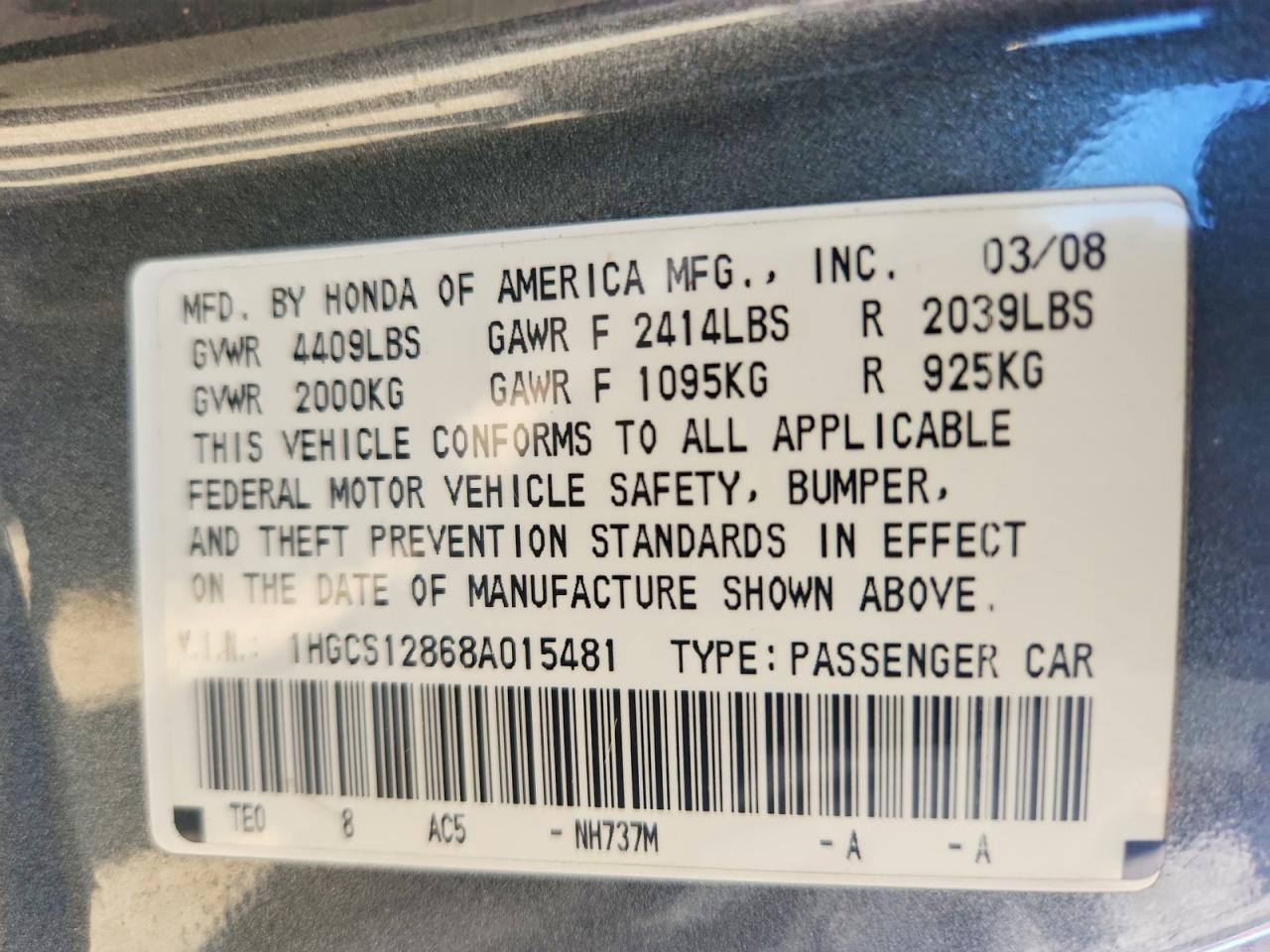 2008 Honda Accord Exl Gray vin: 1HGCS12868A015481
