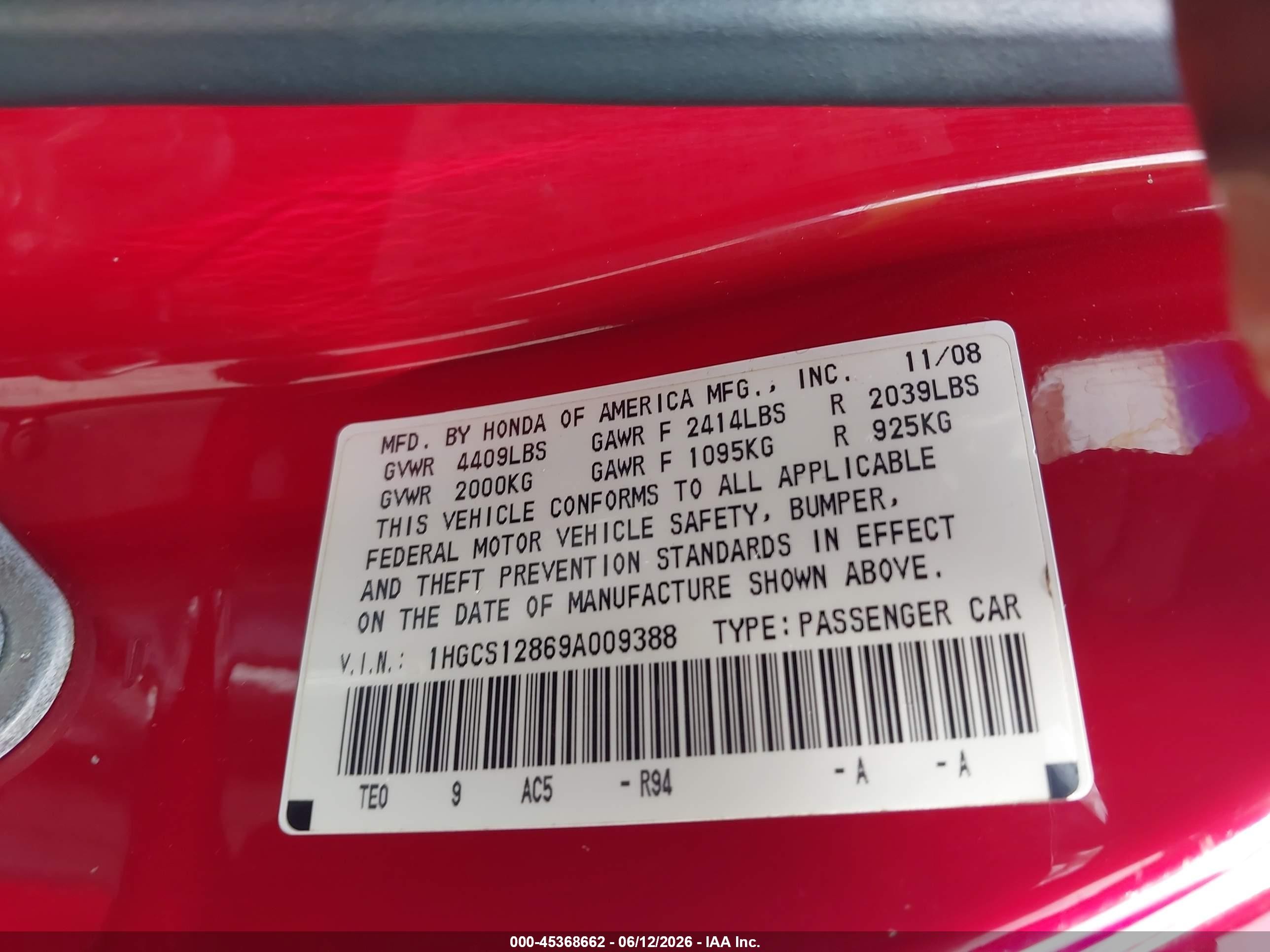 2009 Honda Accord 2.4 Ex-l Red vin: 1HGCS12869A009388