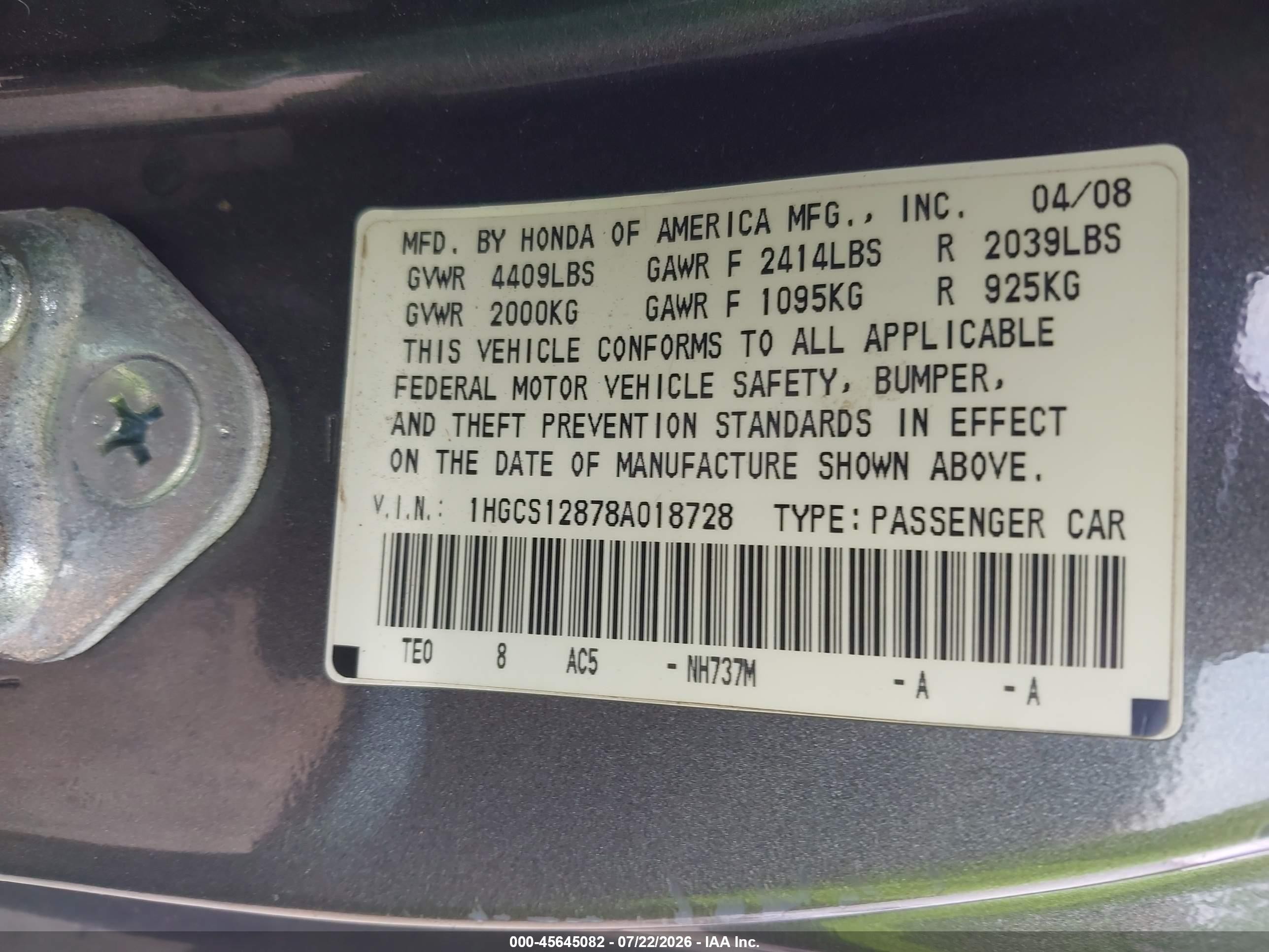 2008 Honda Accord 2.4 Ex-l Gray vin: 1HGCS12878A018728