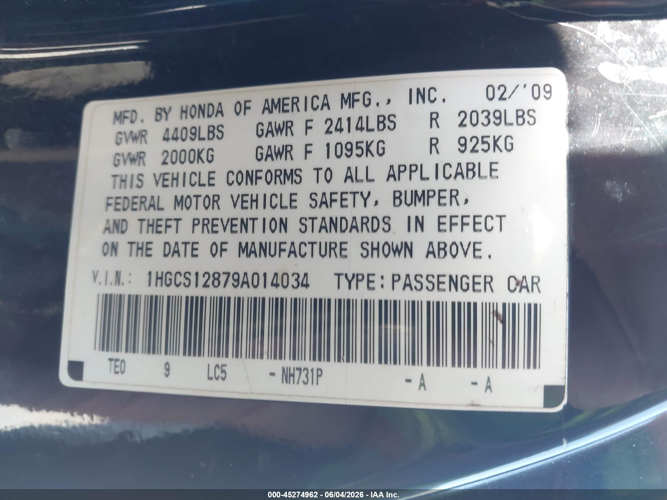 2009 Honda Accord 2.4 Ex-l Black vin: 1HGCS12879A014034