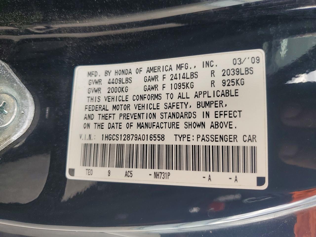 2009 Honda Accord Exl Black vin: 1HGCS12879A016558