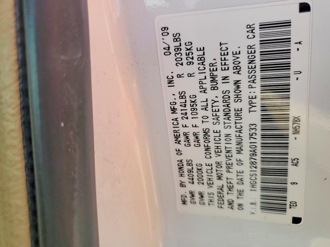 2009 Honda Accord Exl White vin: 1HGCS12879A017533