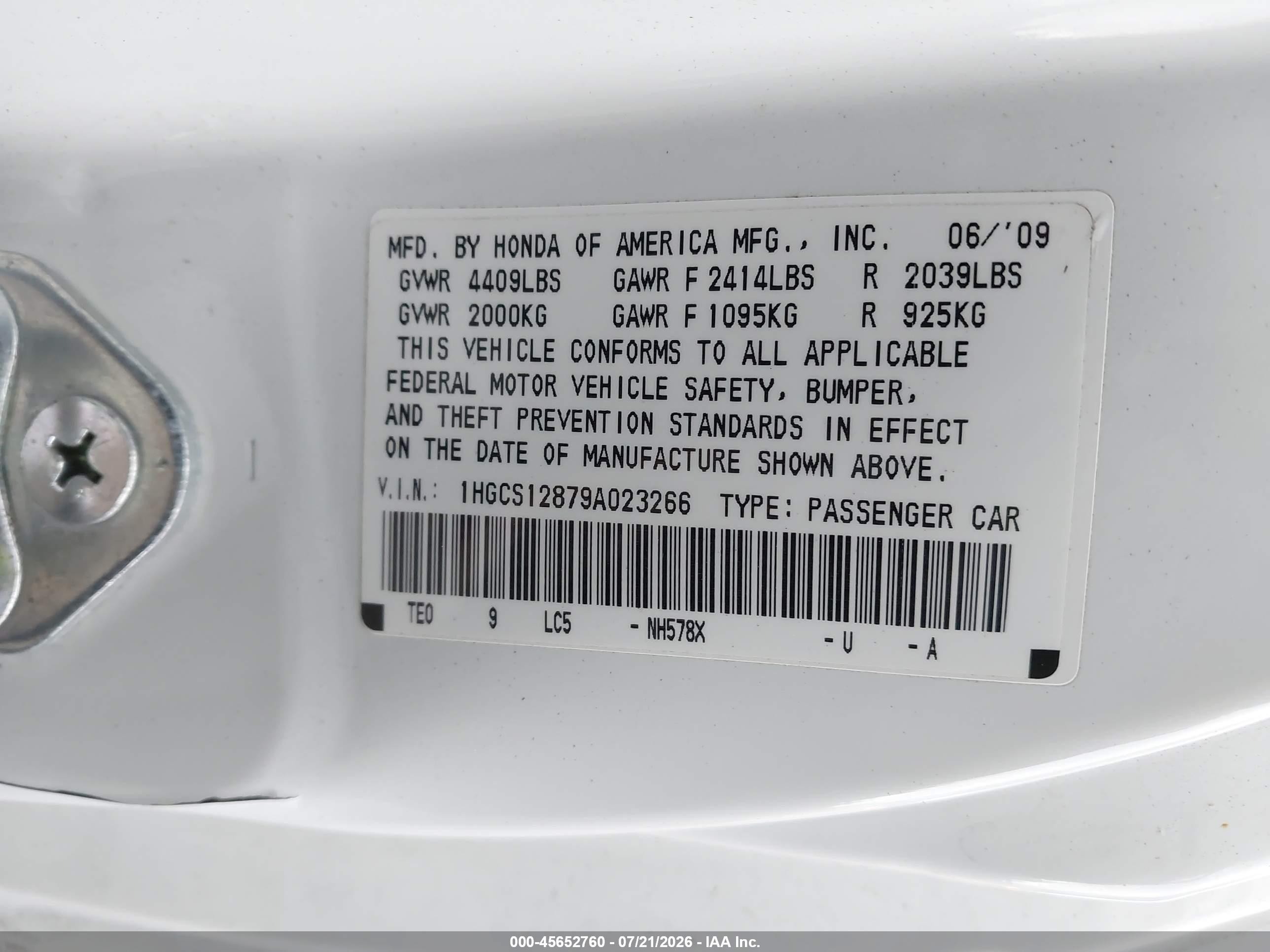 2009 Honda Accord 2.4 Ex-l White vin: 1HGCS12879A023266