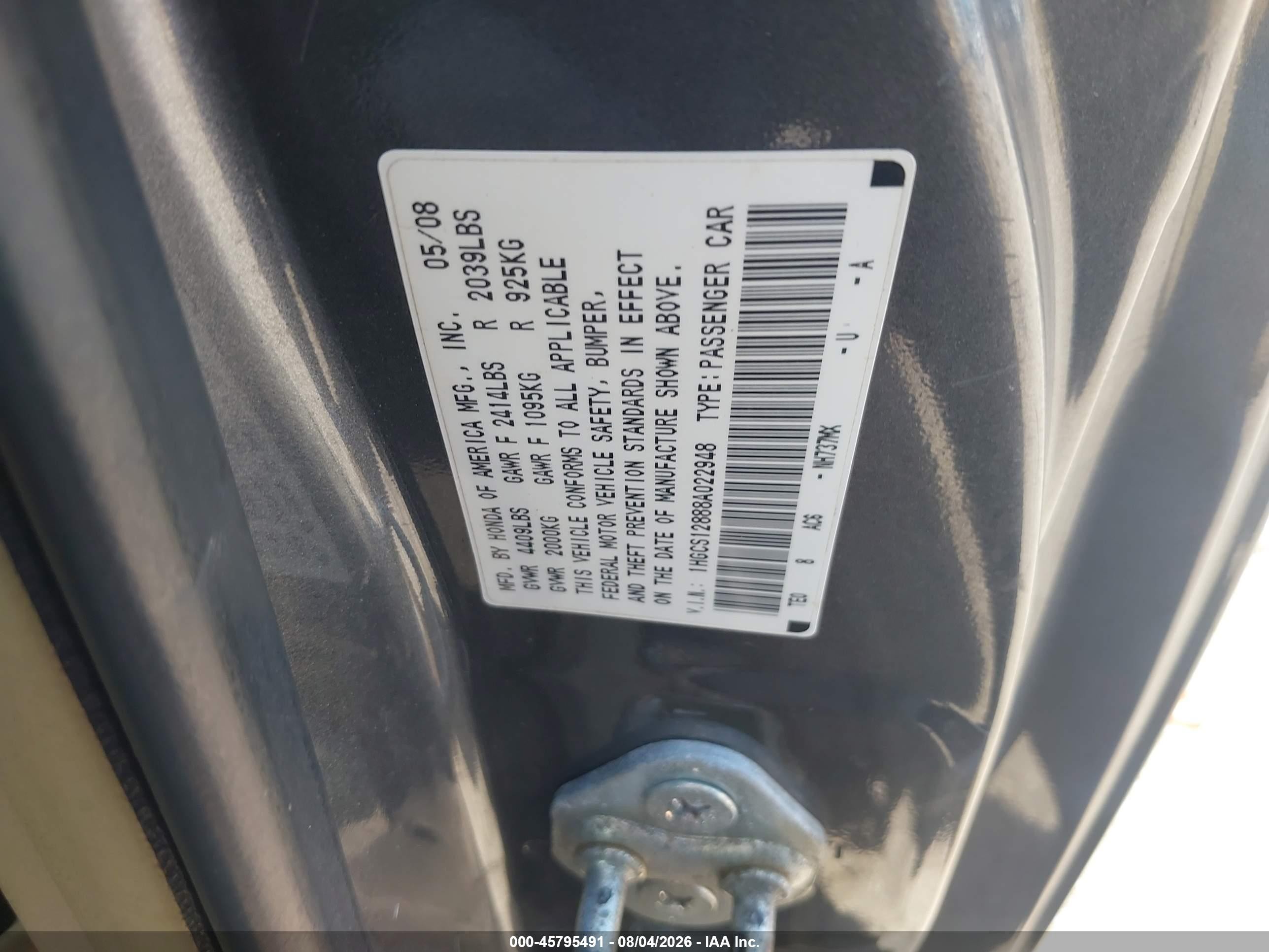 2008 Honda Accord 2.4 Ex-l Gray vin: 1HGCS12888A022948