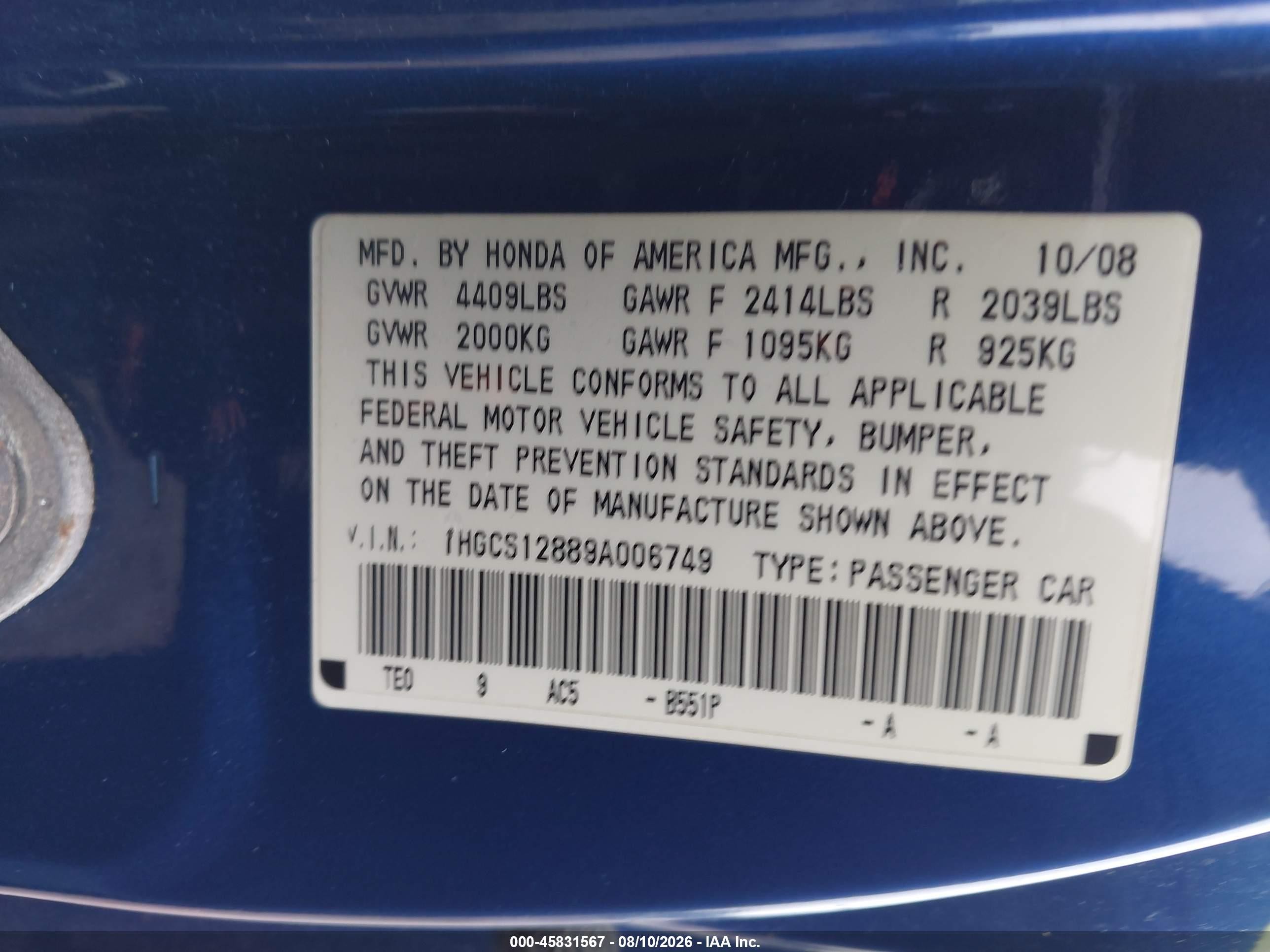 2009 Honda Accord 2.4 Ex-l Blue vin: 1HGCS12889A006749