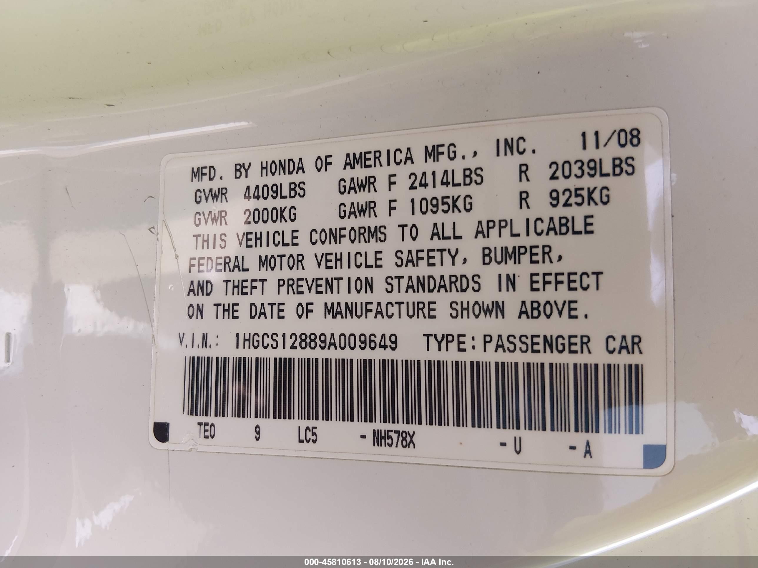 2009 Honda Accord 2.4 Ex-l White vin: 1HGCS12889A009649