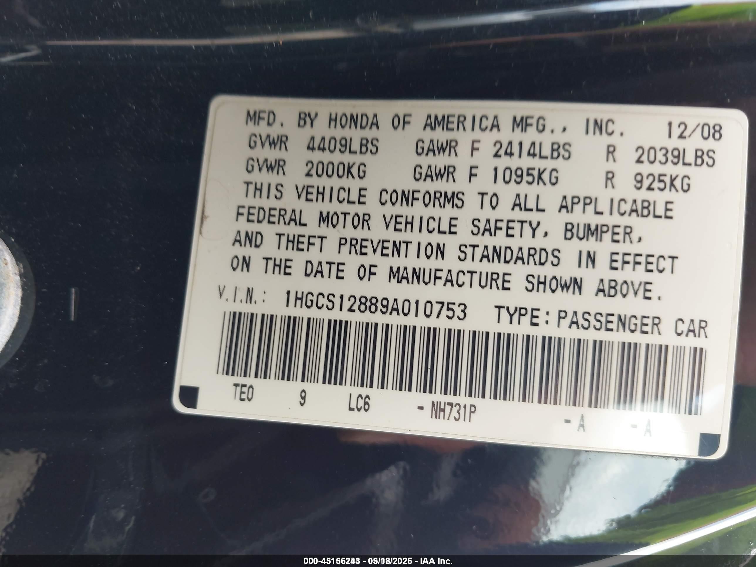 2009 Honda Accord 2.4 Ex-l Black vin: 1HGCS12889A010753
