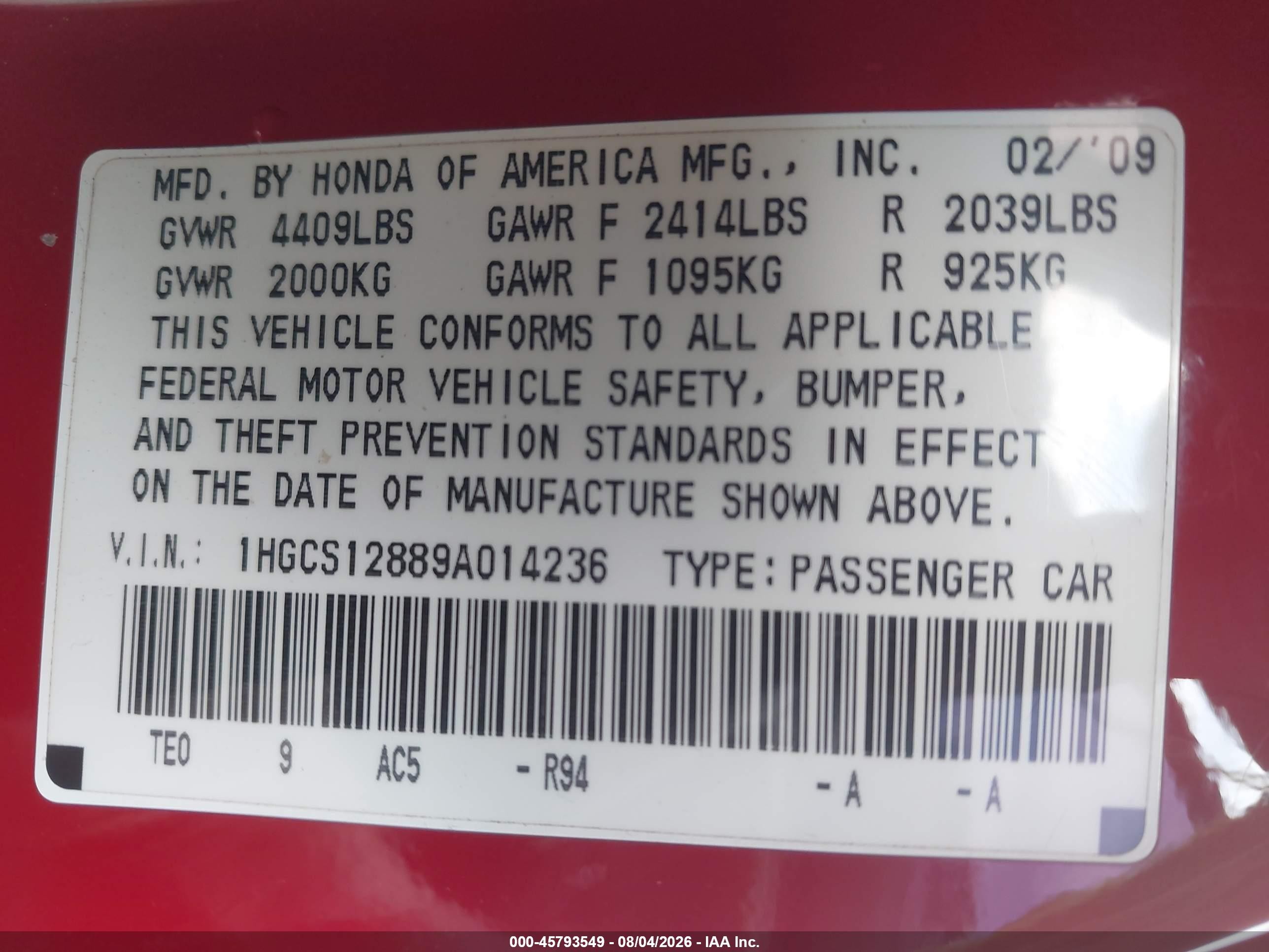 2009 Honda Accord 2.4 Ex-l Red vin: 1HGCS12889A014236