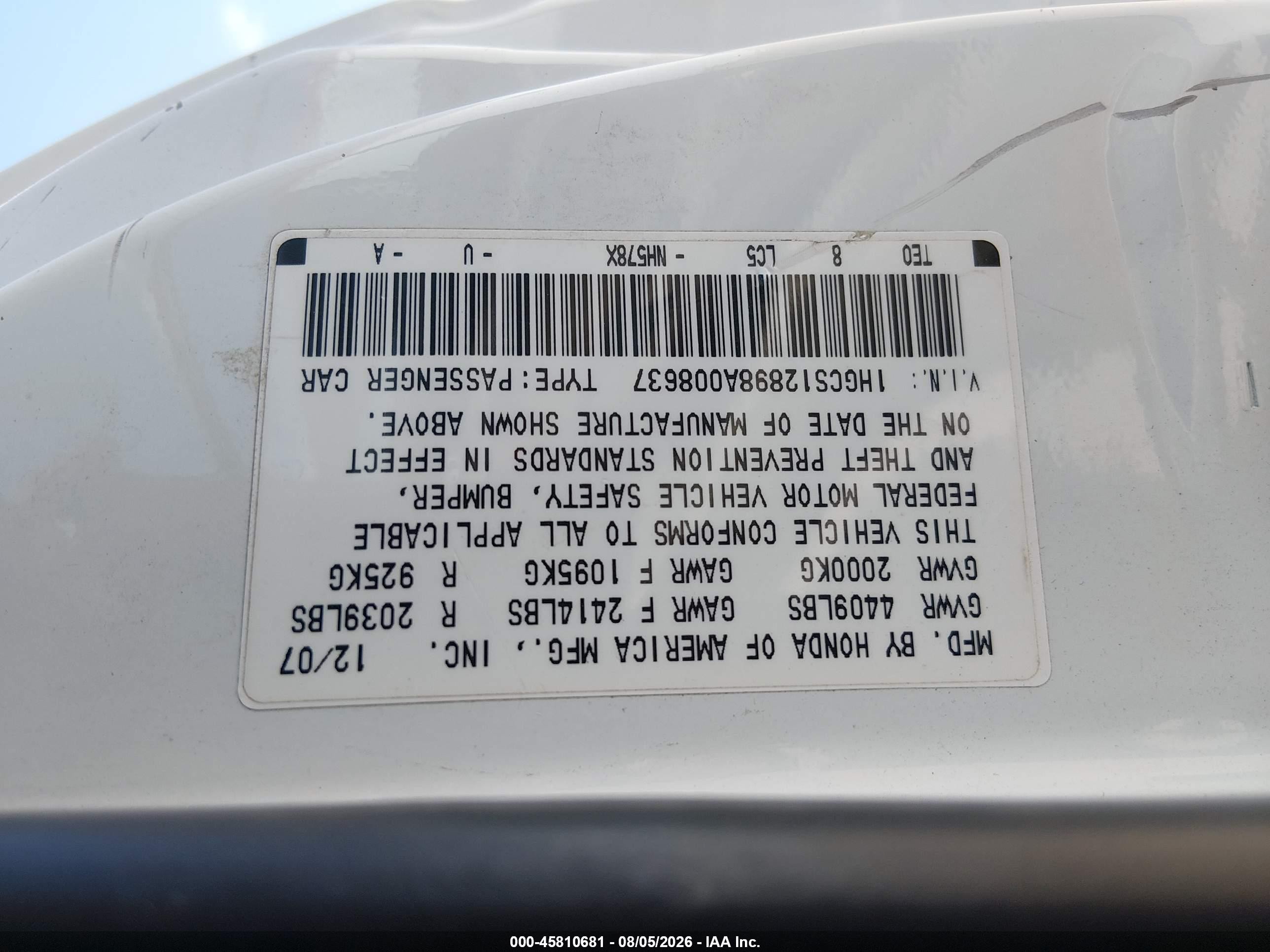 2008 Honda Accord 2.4 Ex-l White vin: 1HGCS12898A008637
