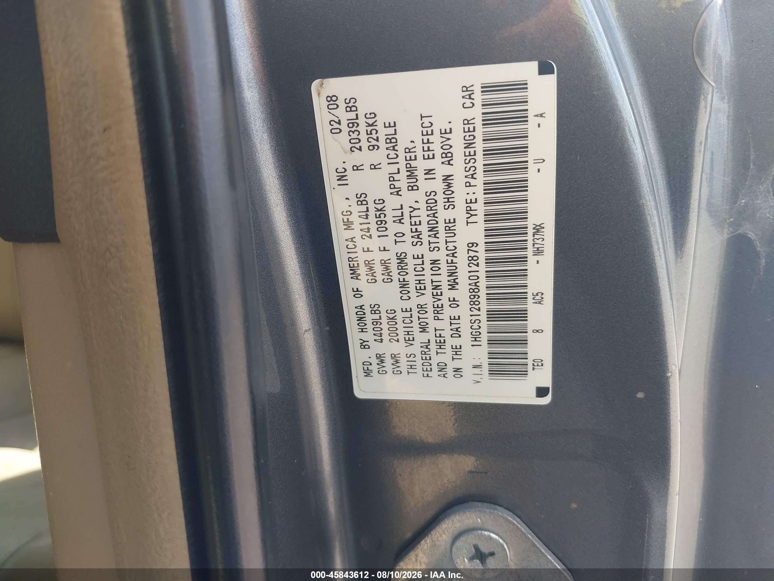 2008 Honda Accord 2.4 Ex-l Gray vin: 1HGCS12898A012879
