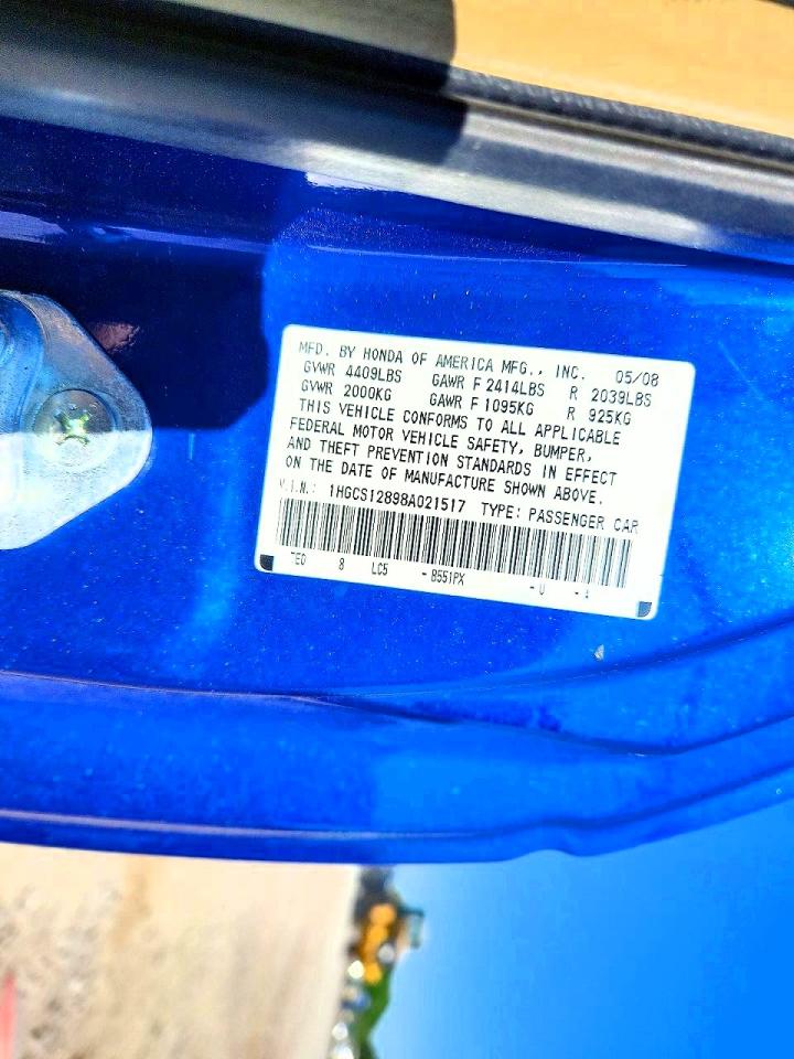 2008 Honda Accord Exl Blue vin: 1HGCS12898A021517