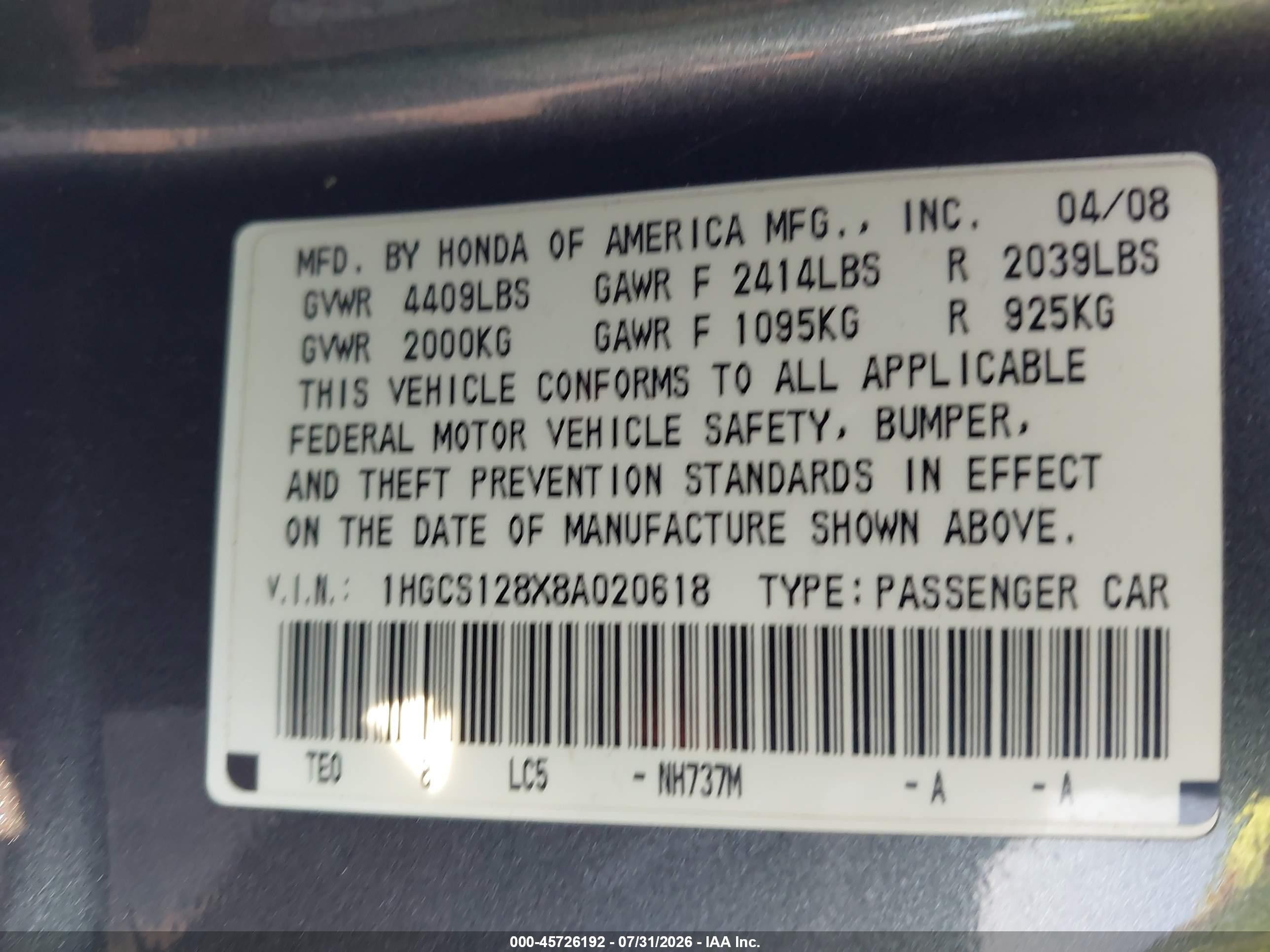 2008 Honda Accord 2.4 Ex-l Gray vin: 1HGCS128X8A020618