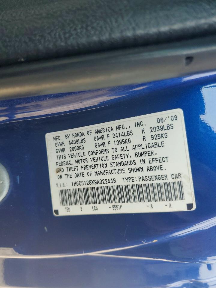 2009 Honda Accord Exl Blue vin: 1HGCS128X9A022449