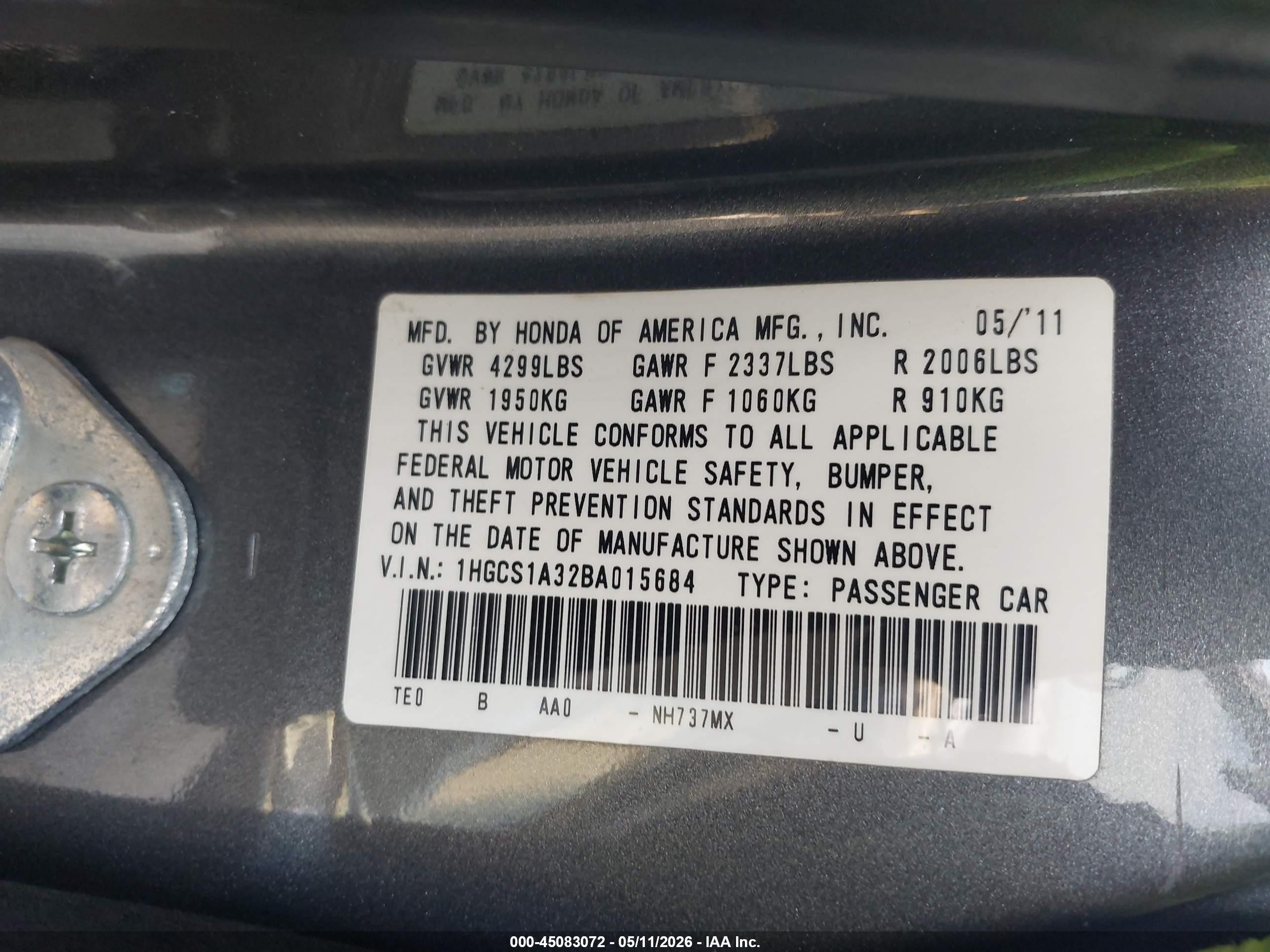 2011 Honda Accord 2.4 Lx-s Gray vin: 1HGCS1A32BA015684