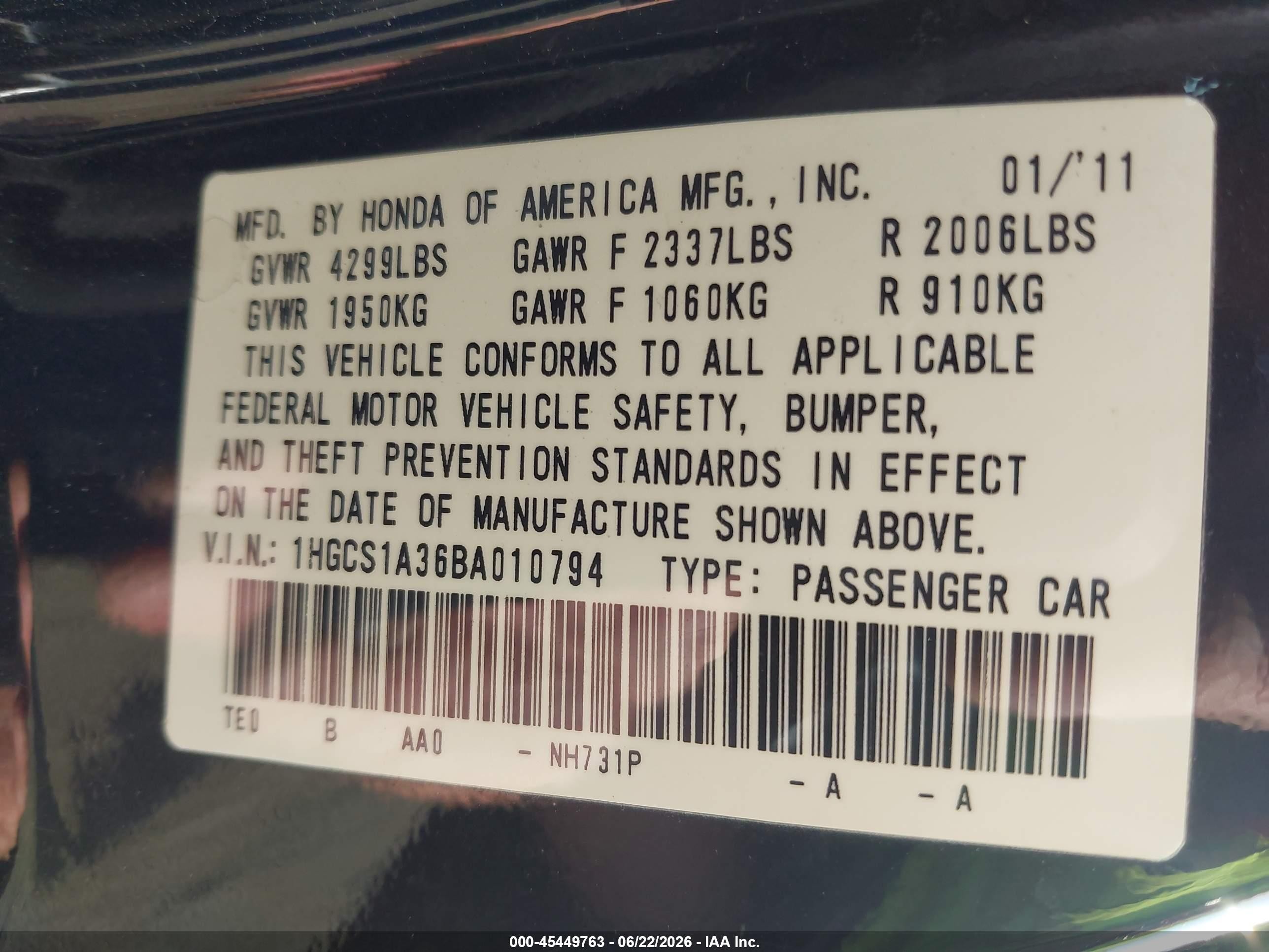 2011 Honda Accord 2.4 Lx-s Черный vin: 1HGCS1A36BA010794
