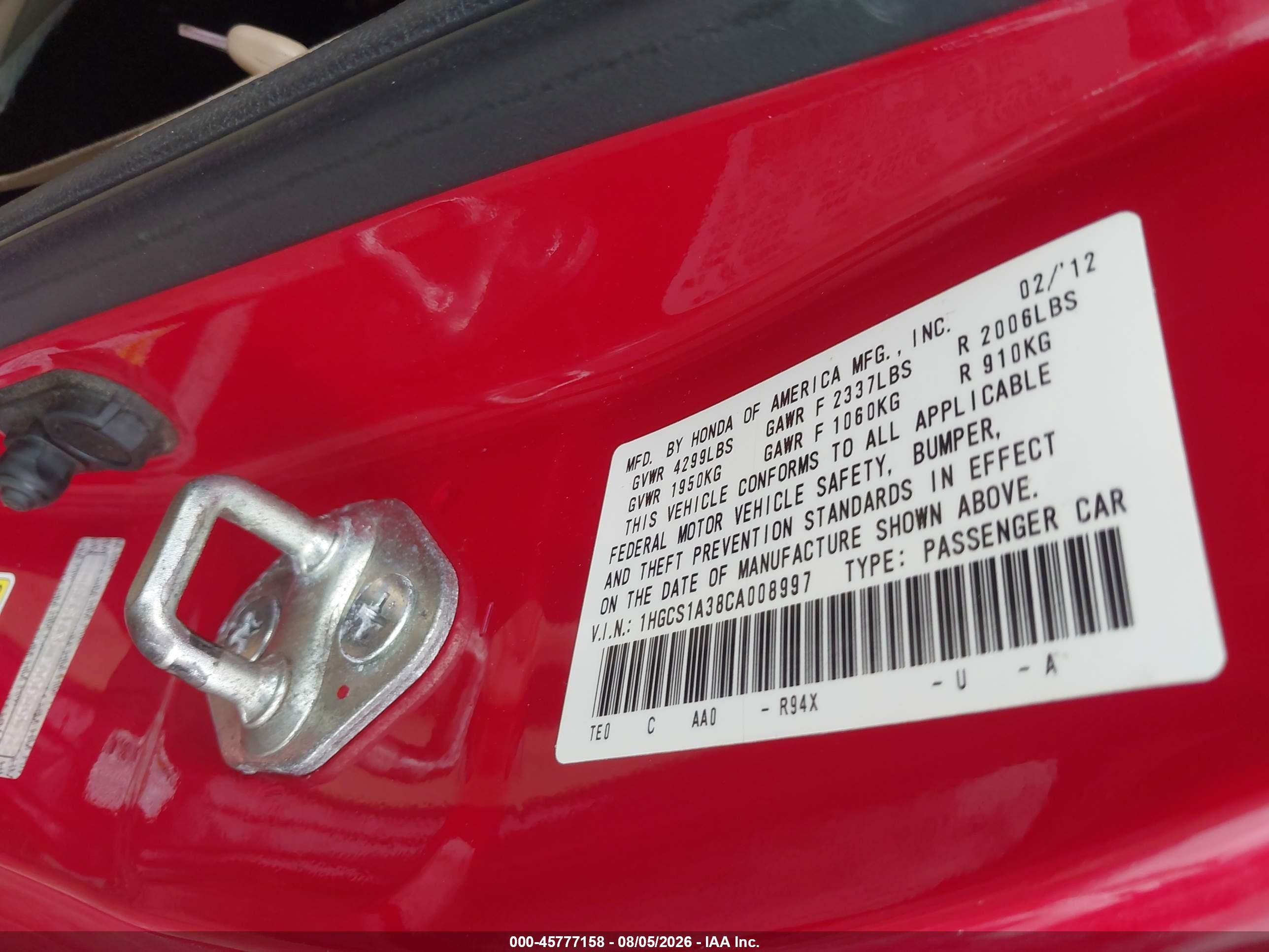 2012 Honda Accord 2.4 Lx-s Red vin: 1HGCS1A38CA008997