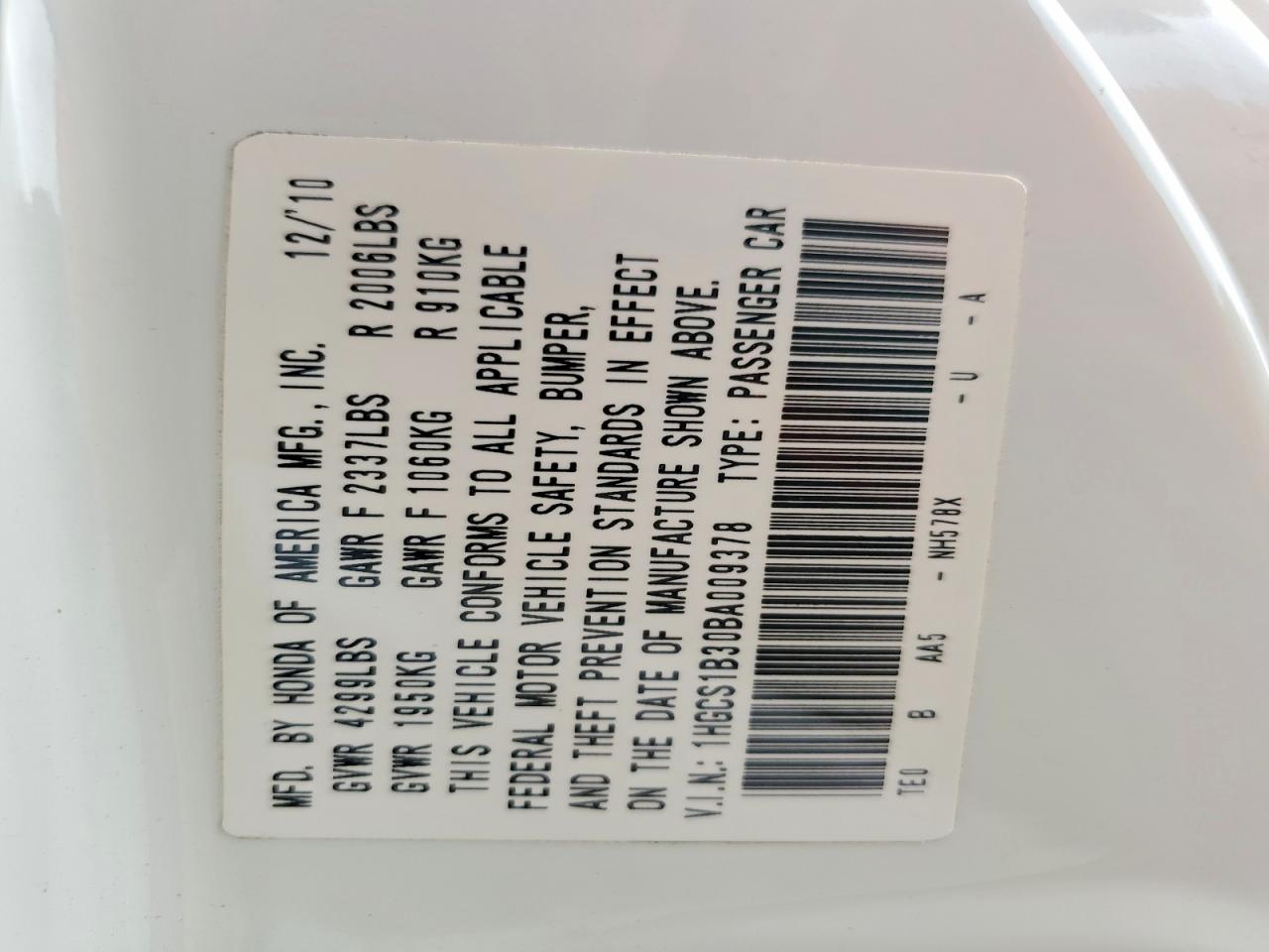 2011 Honda Accord Lx-s White vin: 1HGCS1B30BA009378