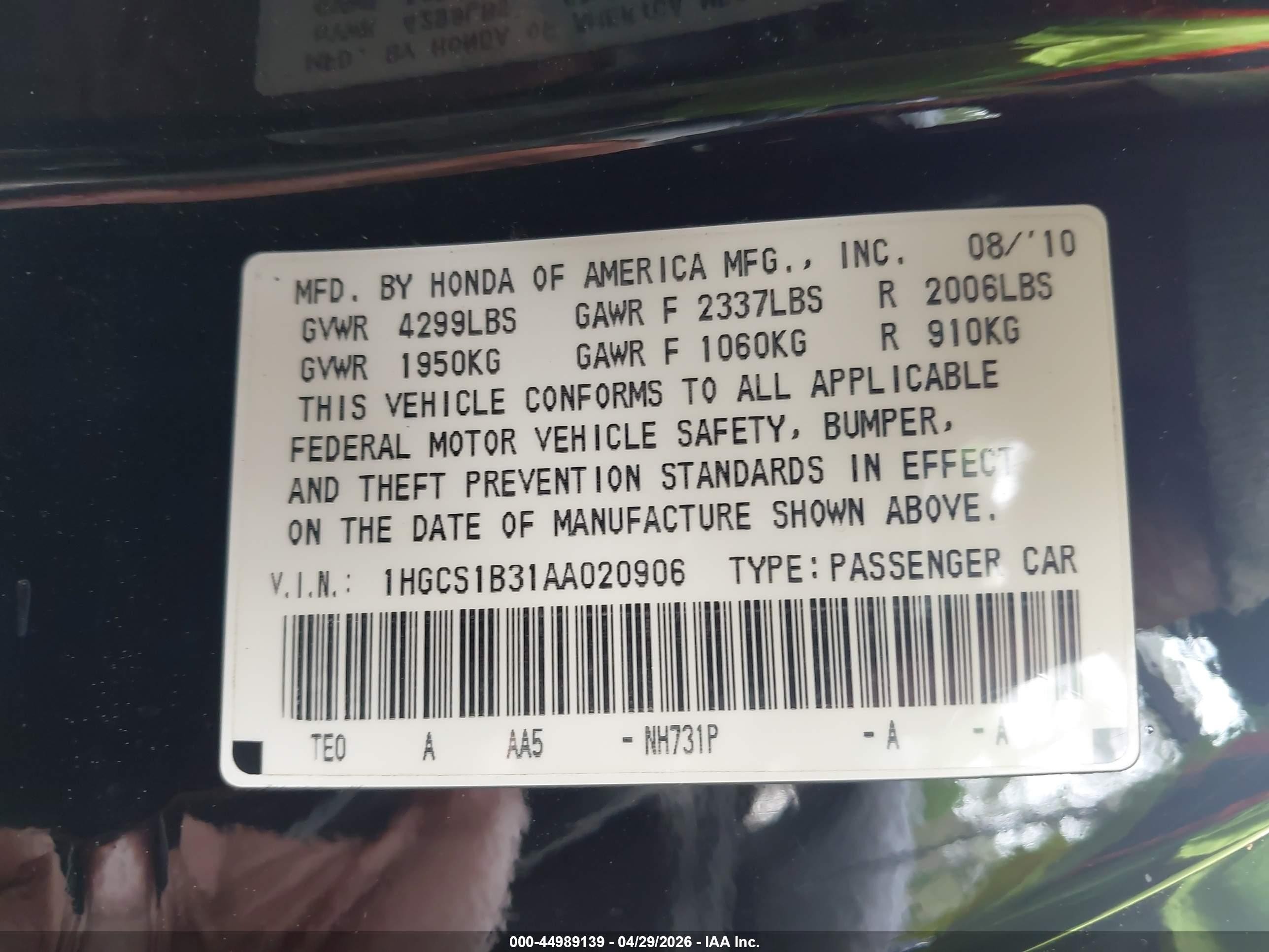 2010 Honda Accord 2.4 Lx-s Black vin: 1HGCS1B31AA020906