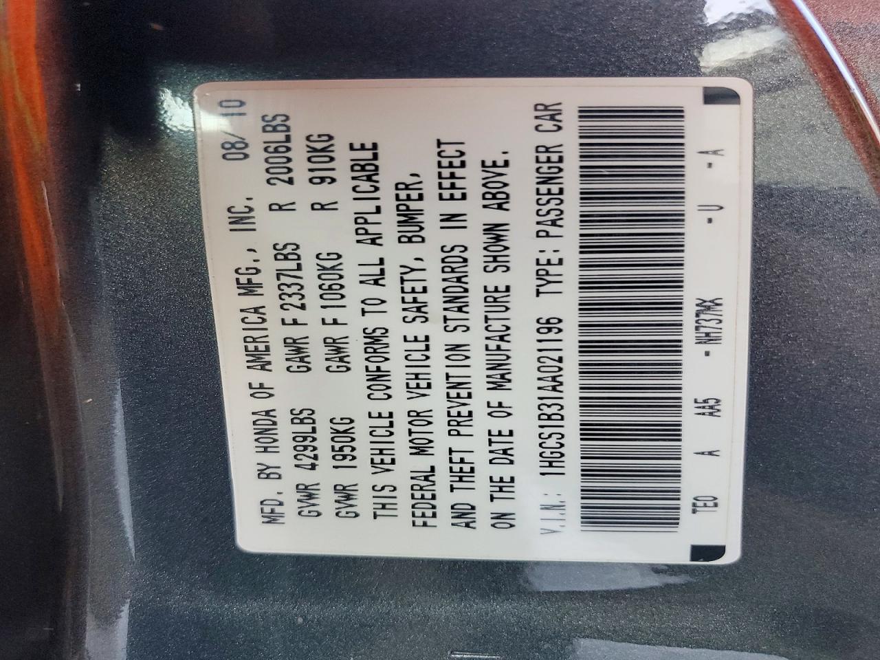 2010 Honda Accord Lx Charcoal vin: 1HGCS1B31AA021196