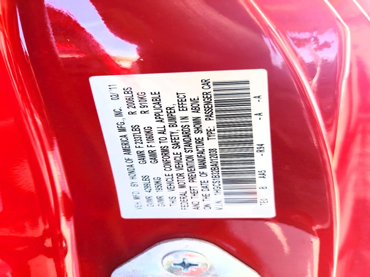 2011 Honda Accord Lx-s Red vin: 1HGCS1B32BA012038